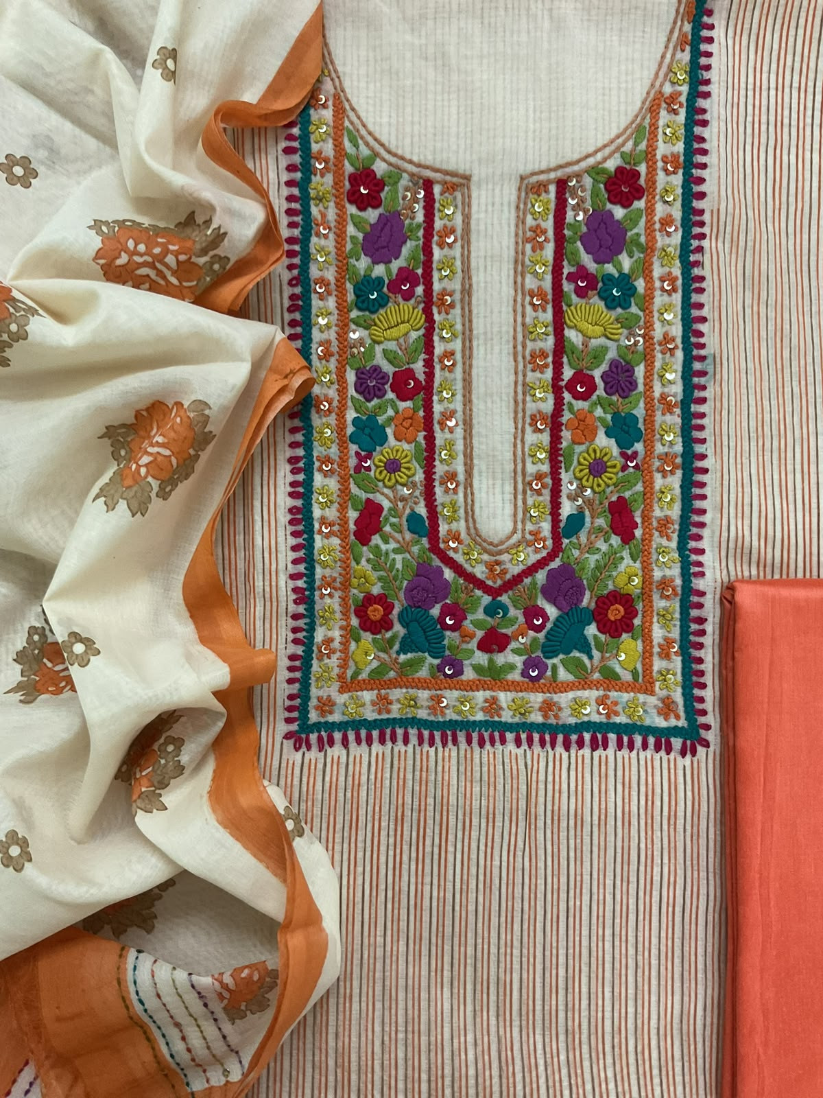 Pure Chanderi Printed Embroidered Suit - Orange