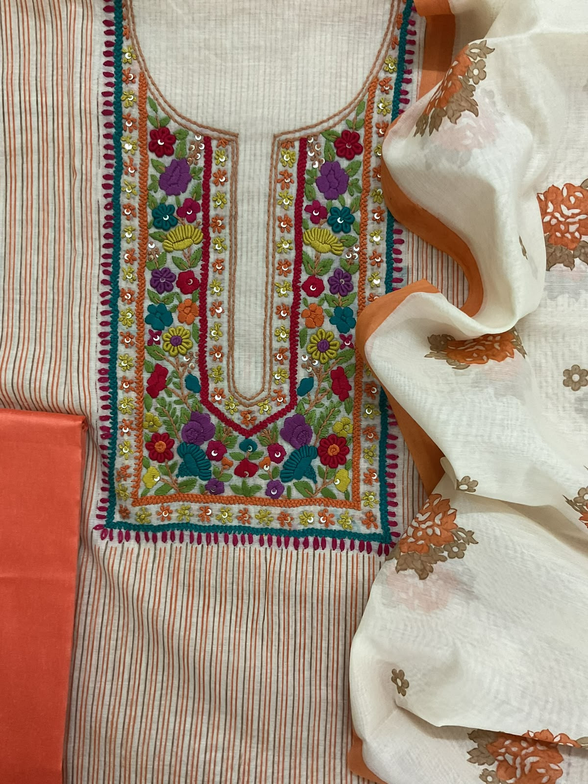 Pure Chanderi Printed Embroidered Suit - Orange