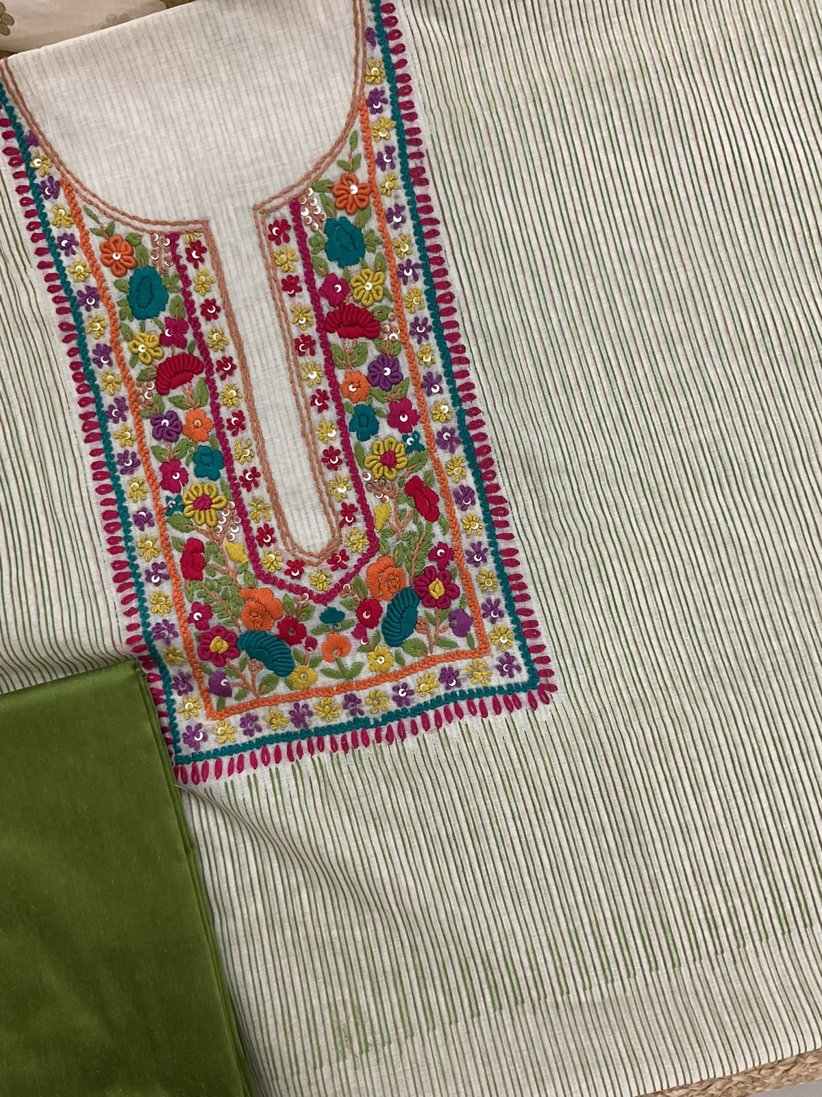 Pure Chanderi Printed Embroidered Suit - Green
