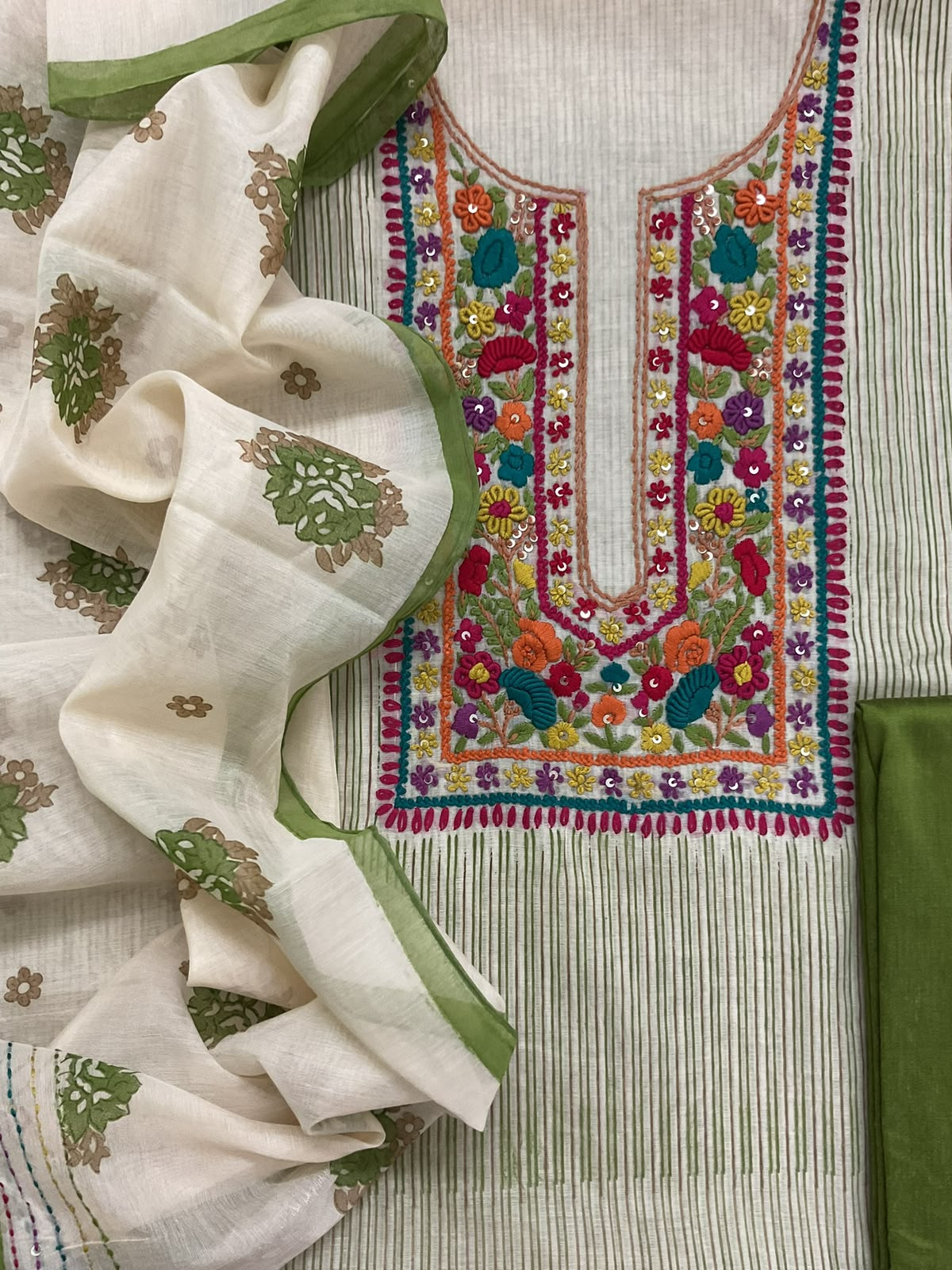 Pure Chanderi Printed Embroidered Suit - Green