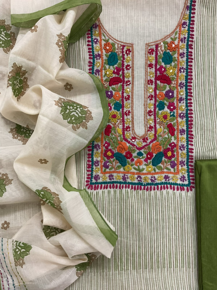 Image of Pure Chanderi Printed Embroidered Suit - Green