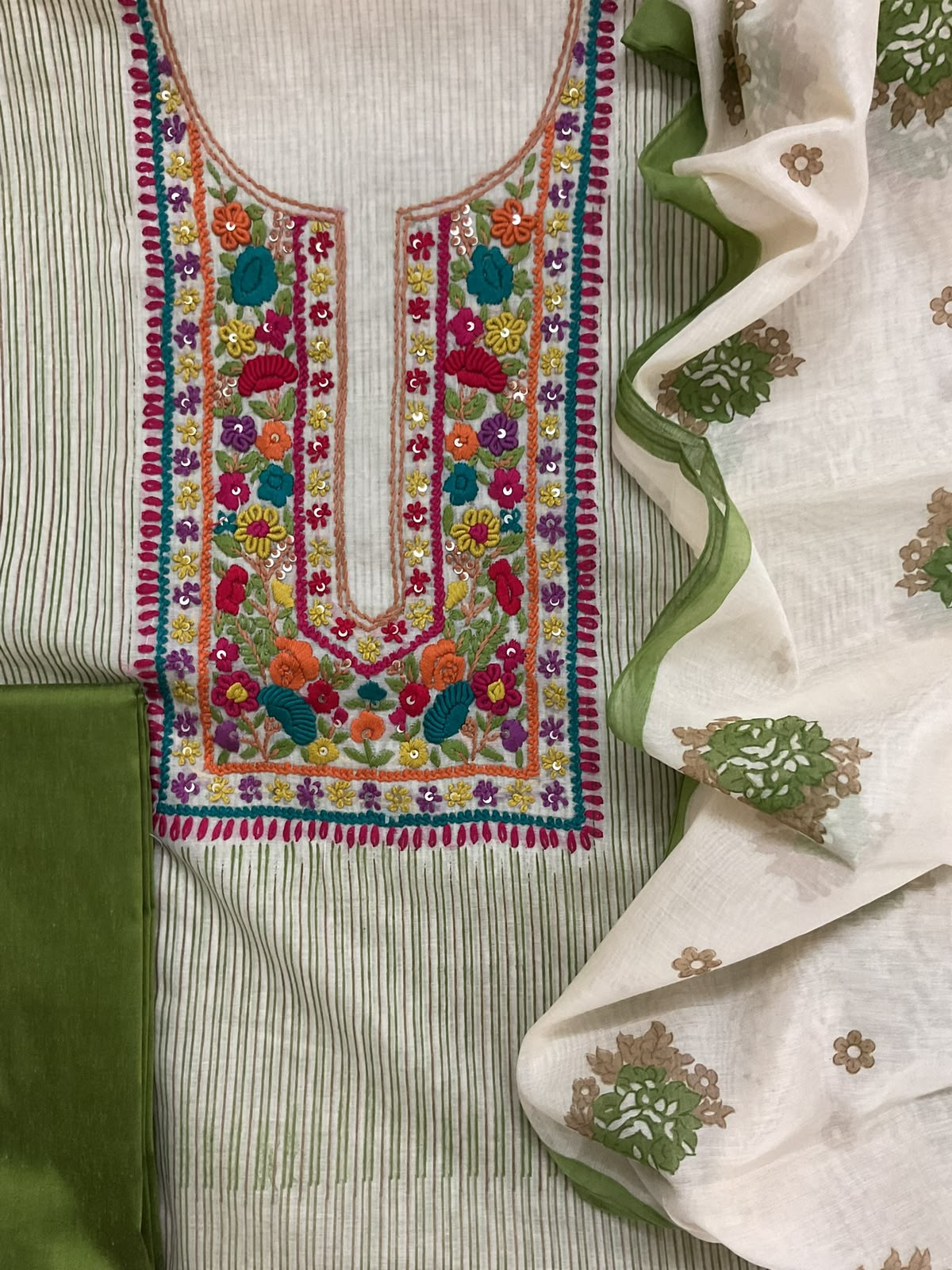 Pure Chanderi Printed Embroidered Suit - Green