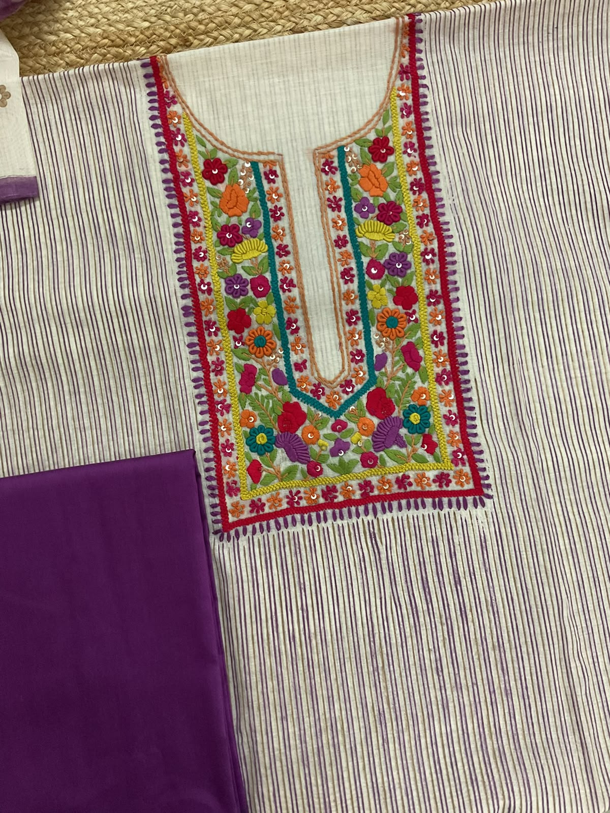 Pure Chanderi Printed Embroidered Suit - Violet