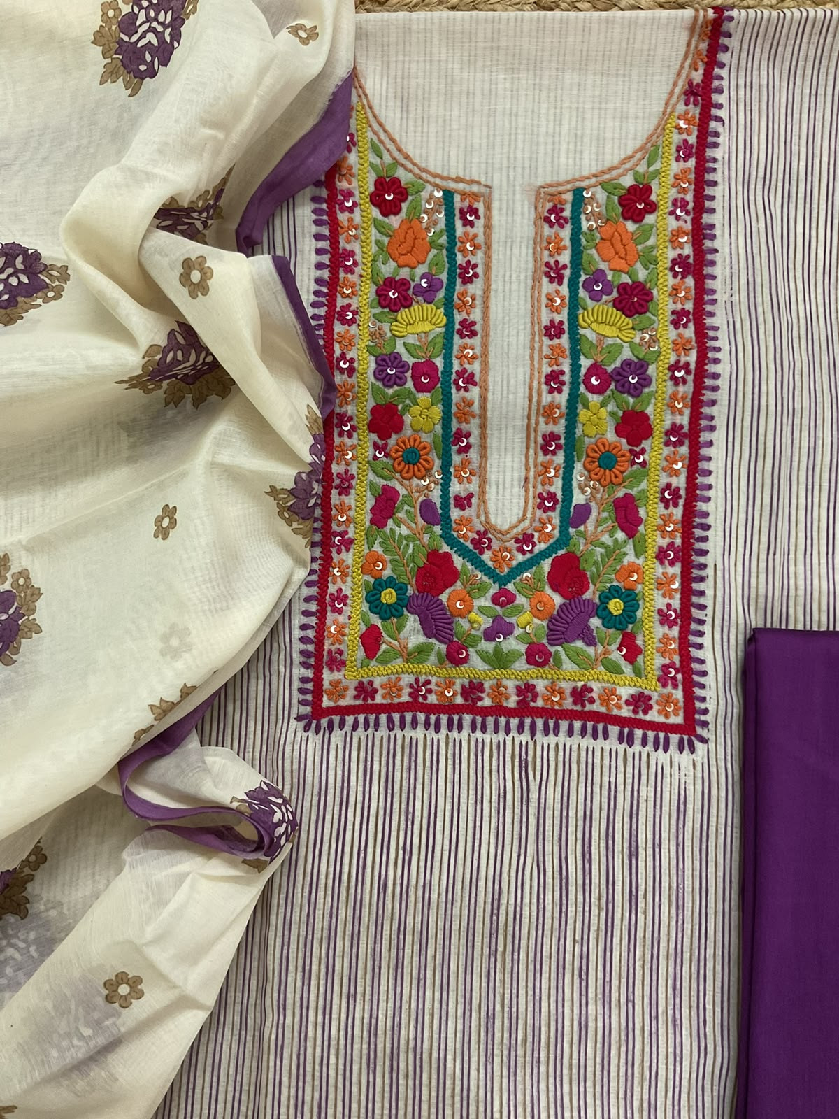 Pure Chanderi Printed Embroidered Suit - Violet