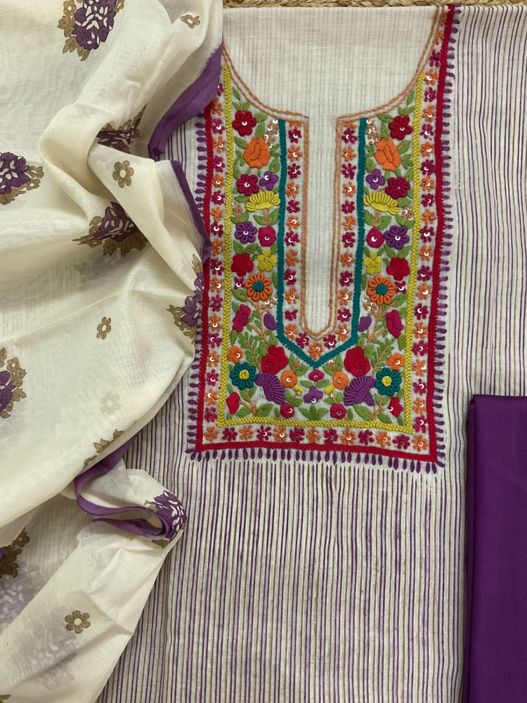 Image of Pure Chanderi Printed Embroidered Suit - Violet