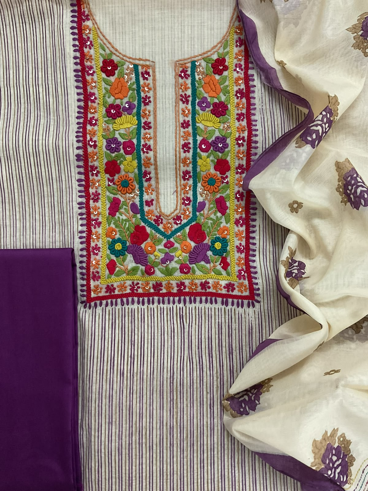 Pure Chanderi Printed Embroidered Suit - Violet