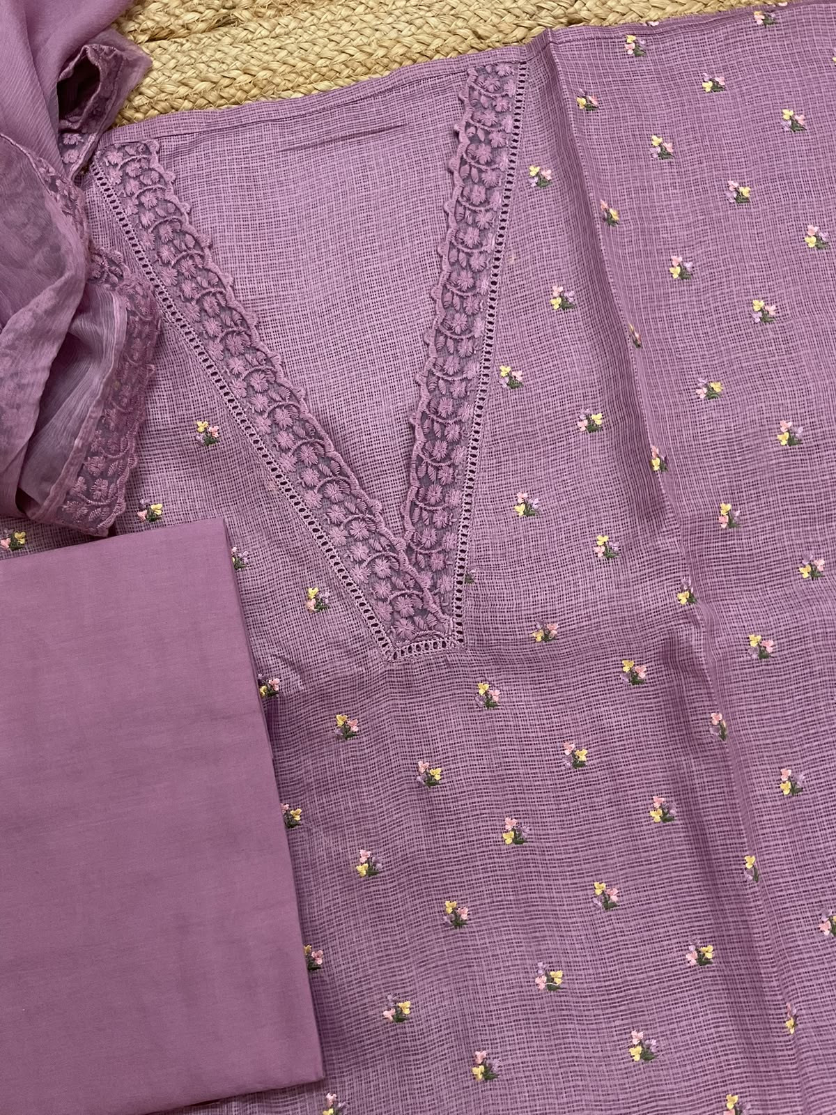 Soft Kota Silk Embroidered Suit - Mauve