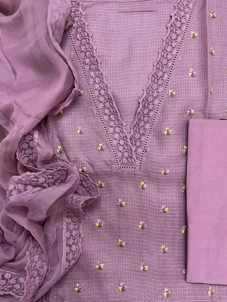 Image of Soft Kota Silk Embroidered Suit - Mauve