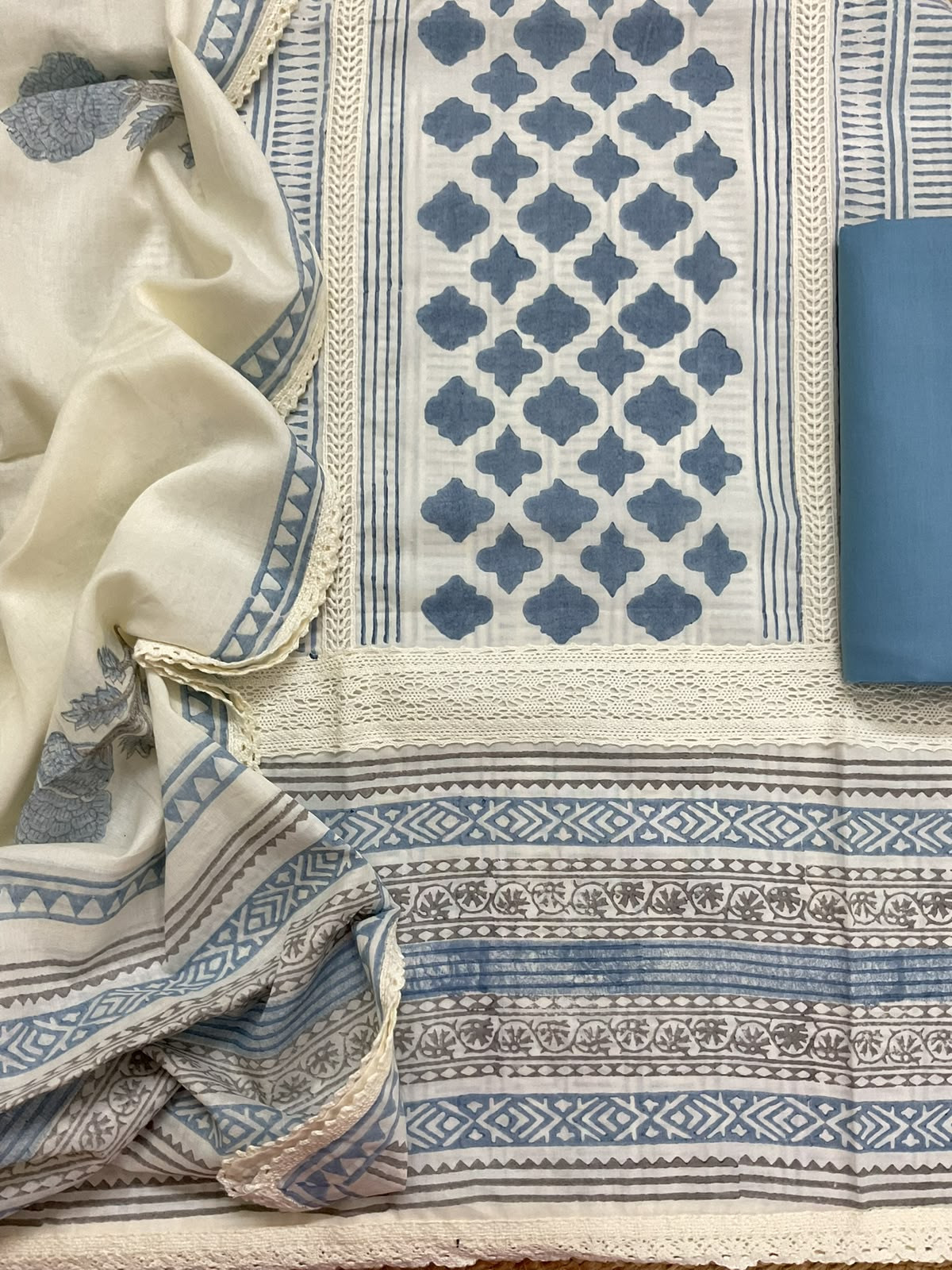 Pure Mul Cotton Printed Embroidered Suit - Blue