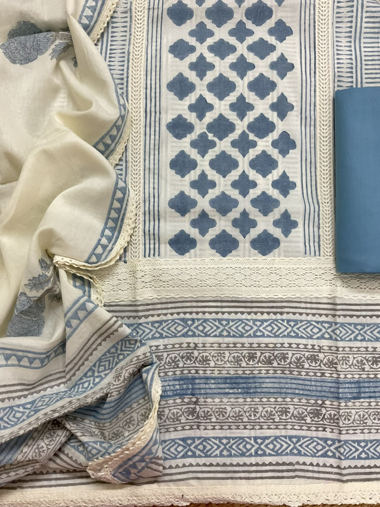 Image of Pure Mul Cotton Printed Embroidered Suit - Blue
