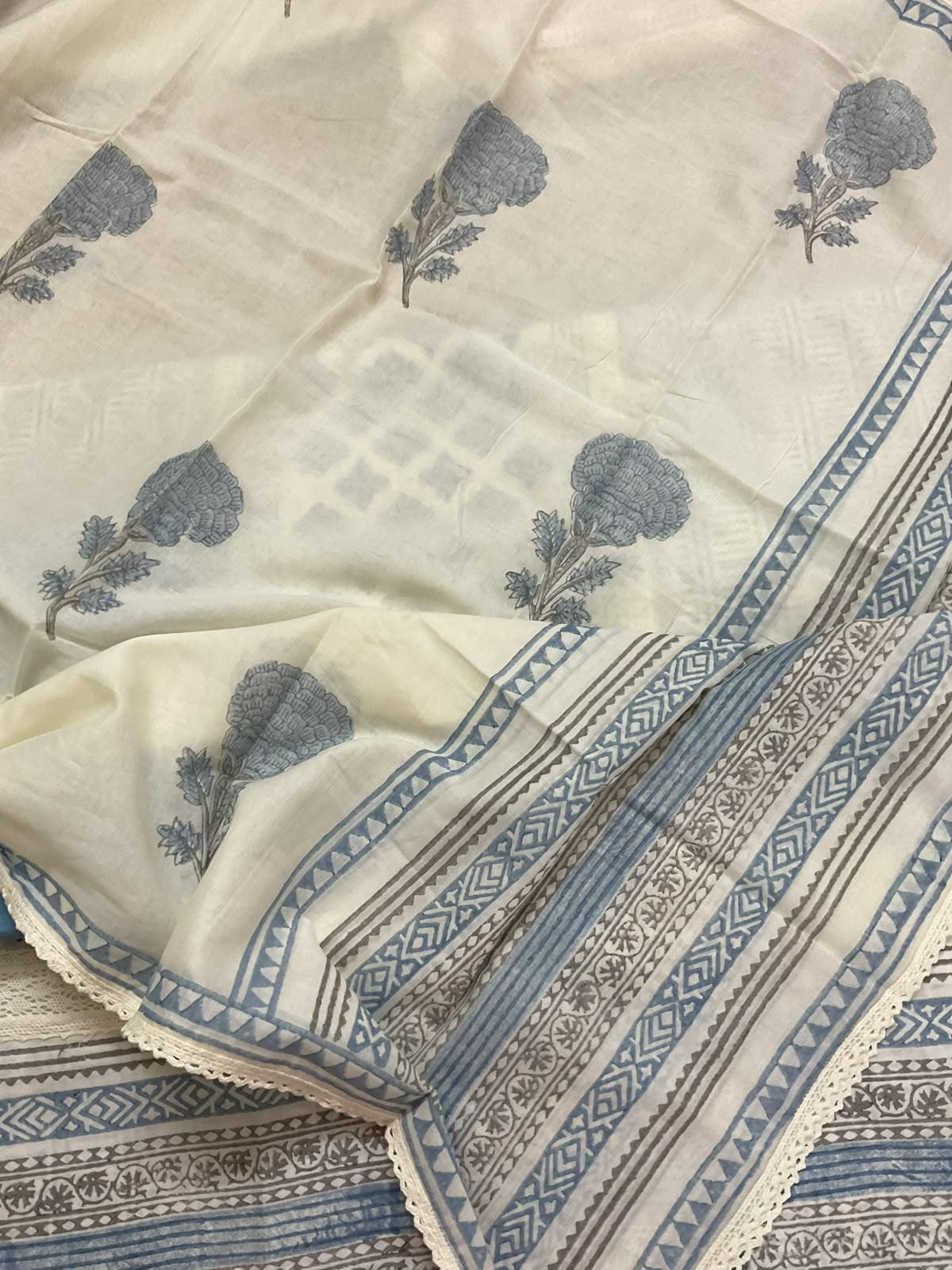 Pure Mul Cotton Printed Embroidered Suit - Blue