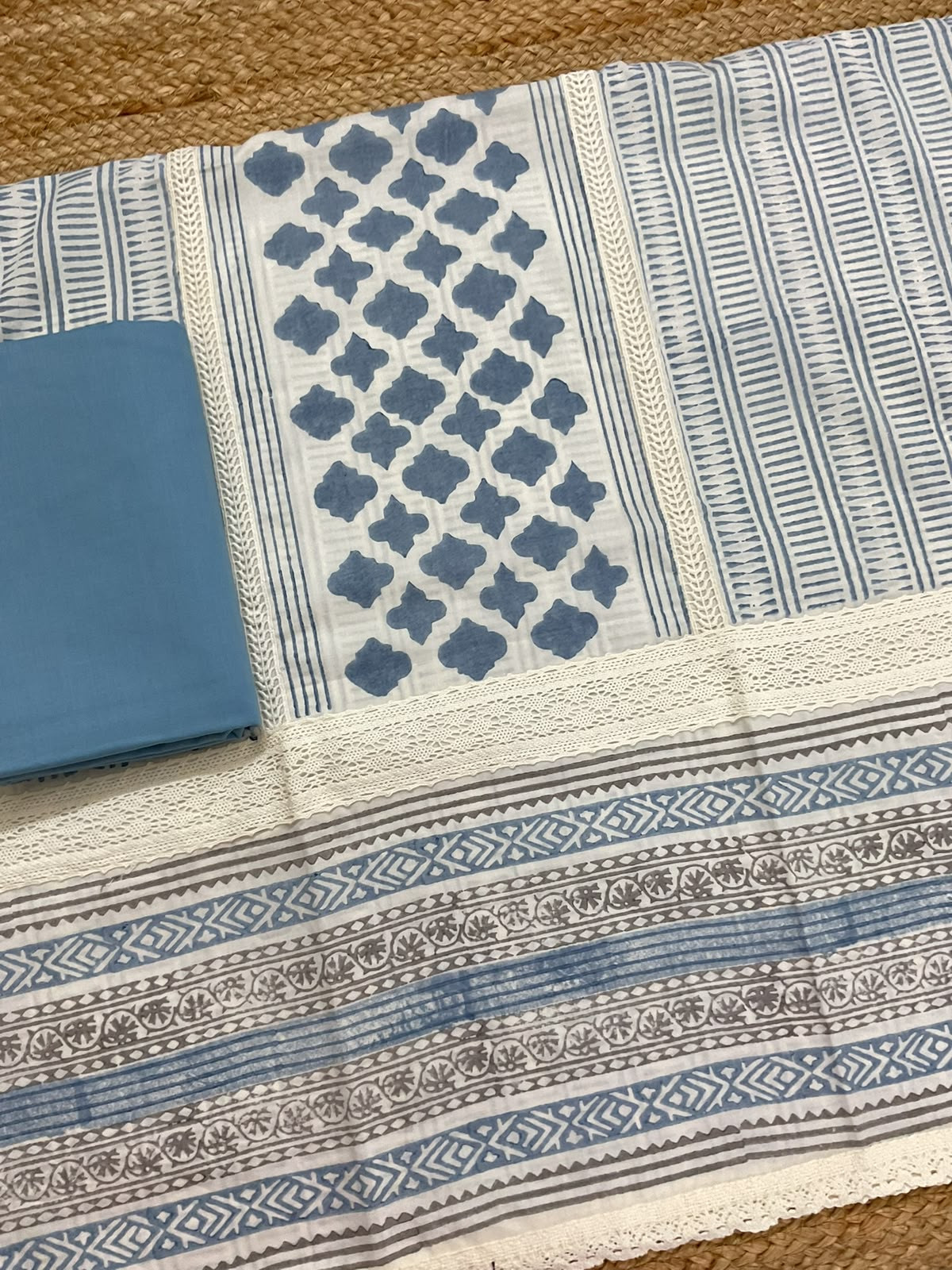 Pure Mul Cotton Printed Embroidered Suit - Blue