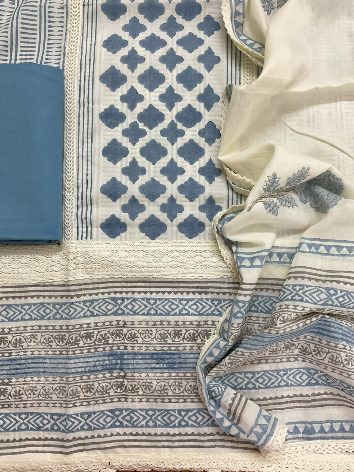 Pure Mul Cotton Printed Embroidered Suit - Blue