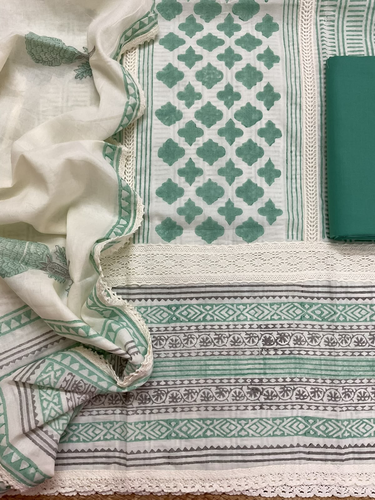 Pure Mul Cotton Printed Embroidered Suit - Green