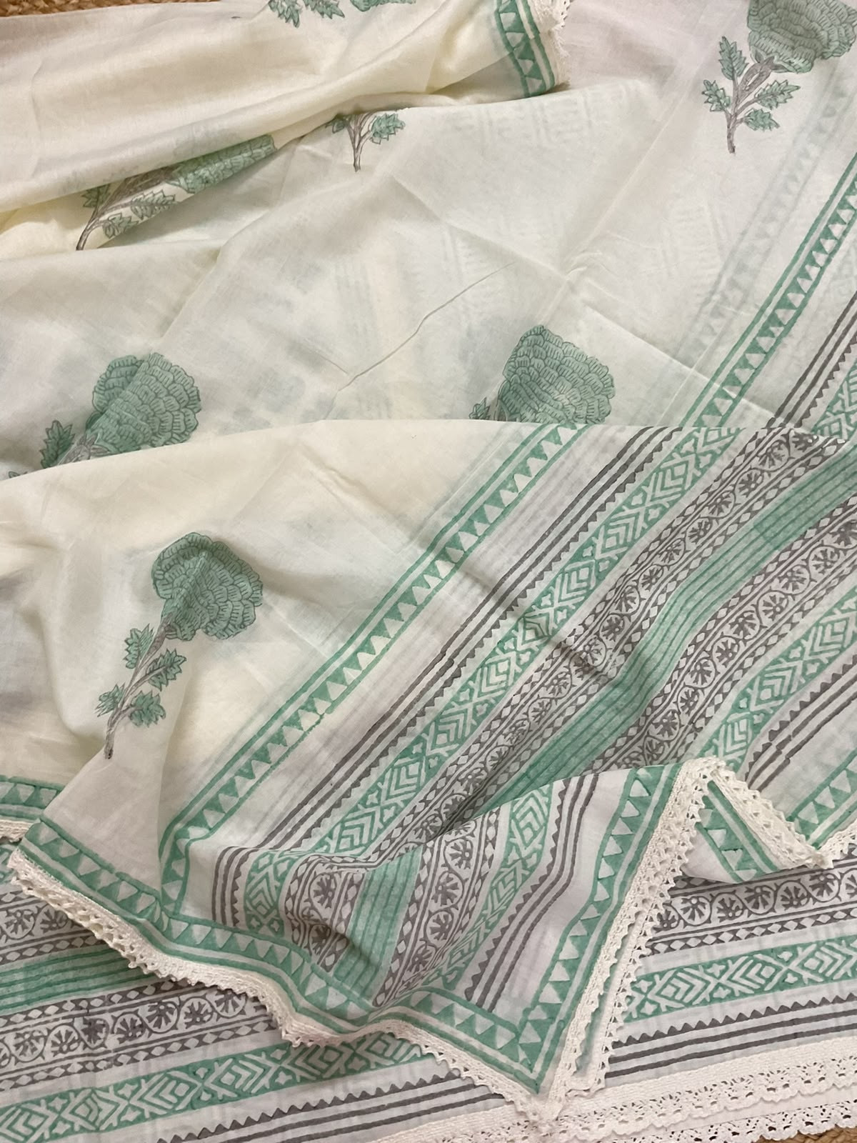 Pure Mul Cotton Printed Embroidered Suit - Green