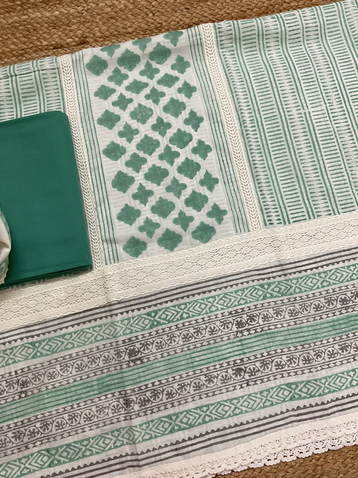 Pure Mul Cotton Printed Embroidered Suit - Green