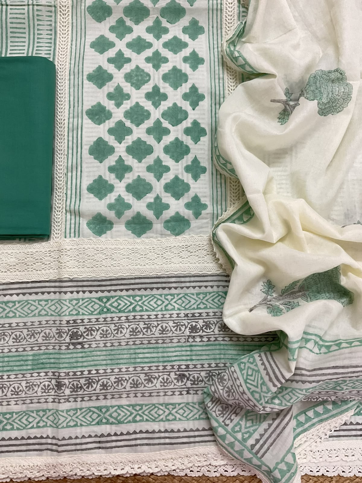 Pure Mul Cotton Printed Embroidered Suit - Green