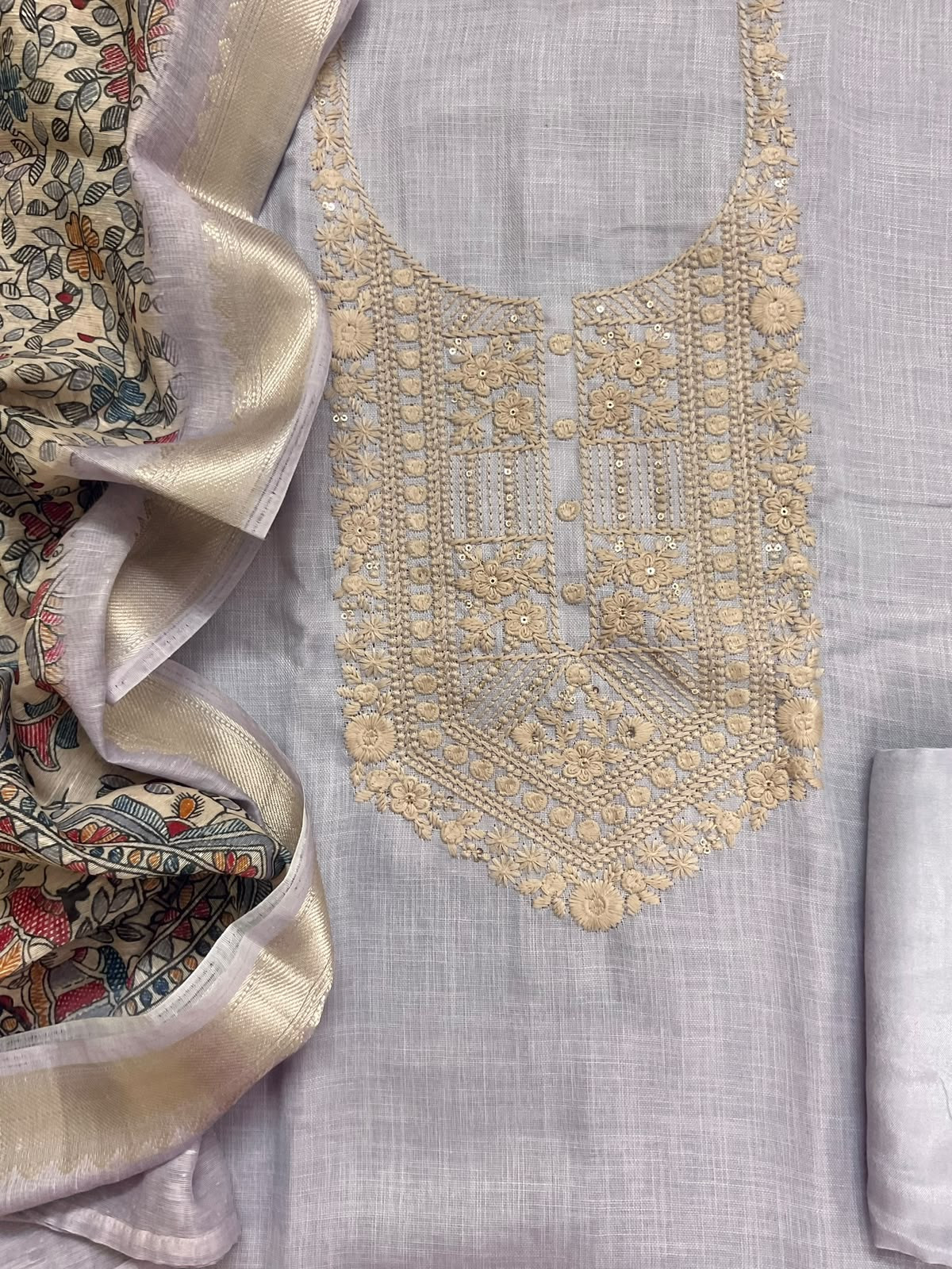 Soft Linen Jute Cotton Printed Embroidered Suit - Lavender