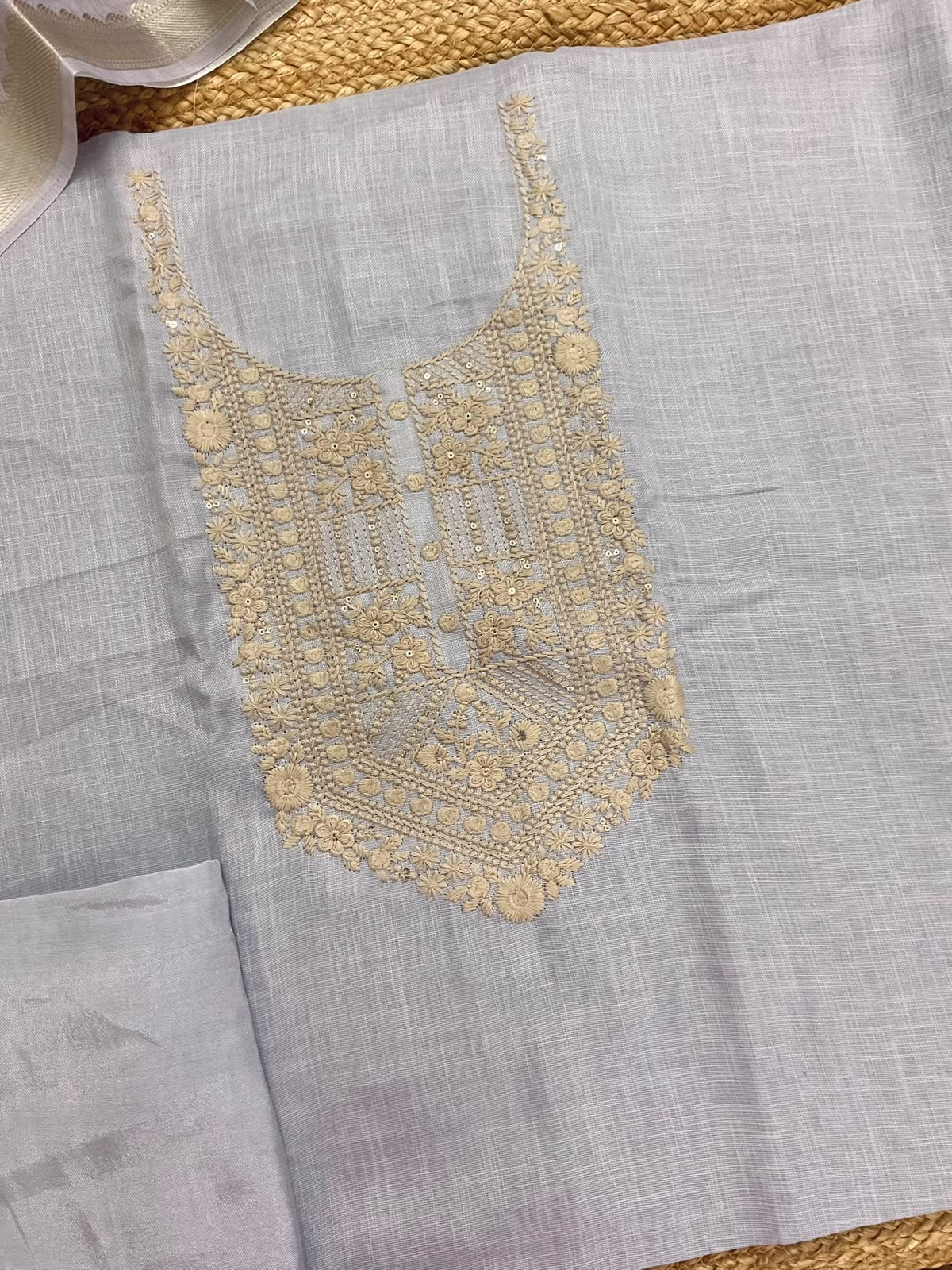 Soft Linen Jute Cotton Printed Embroidered Suit - Lavender