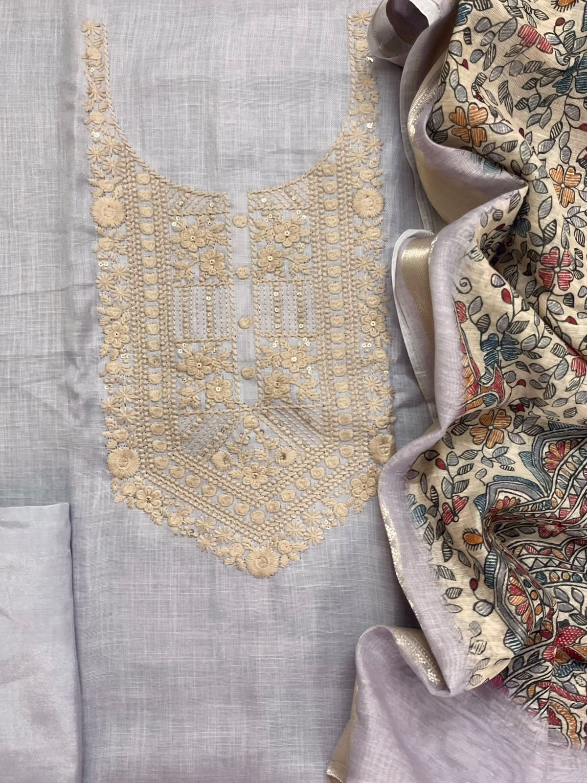 Soft Linen Jute Cotton Printed Embroidered Suit - Lavender