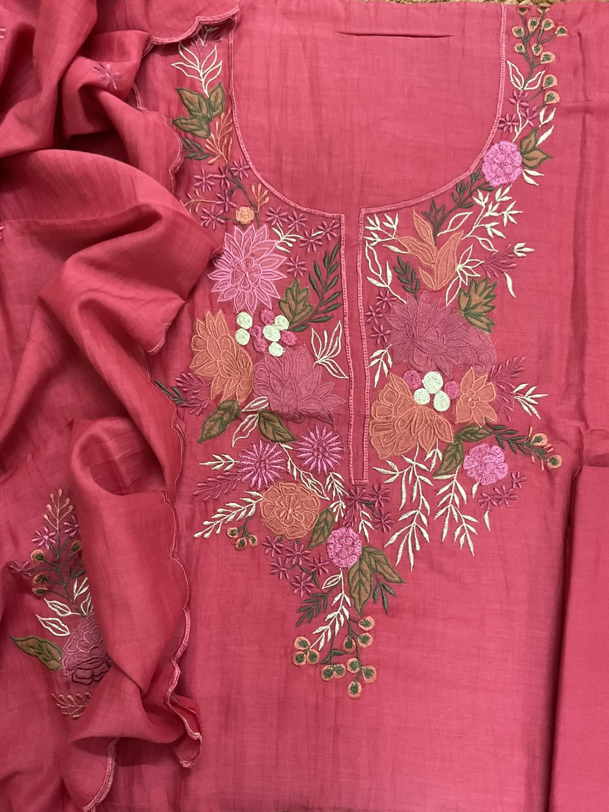 Pure Mul Chanderi Embroidered Suit - Dark Pink