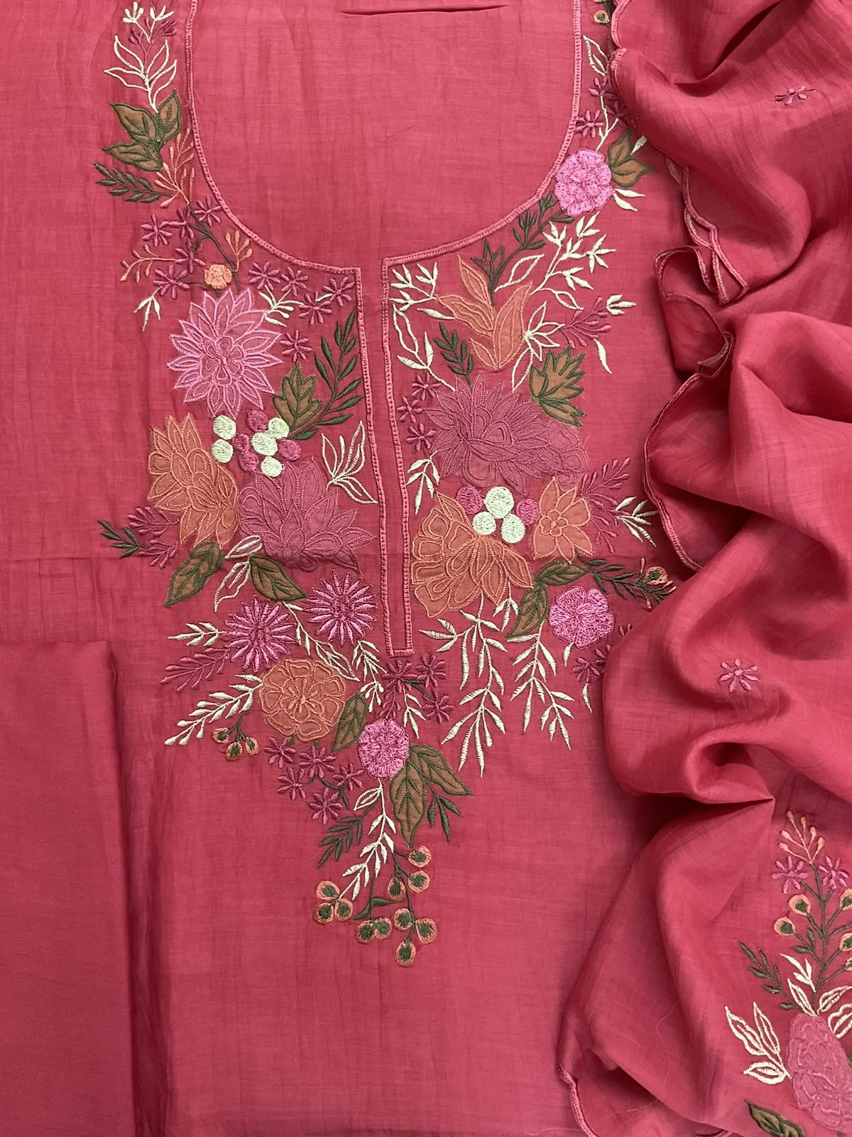 Pure Mul Chanderi Embroidered Suit - Dark Pink