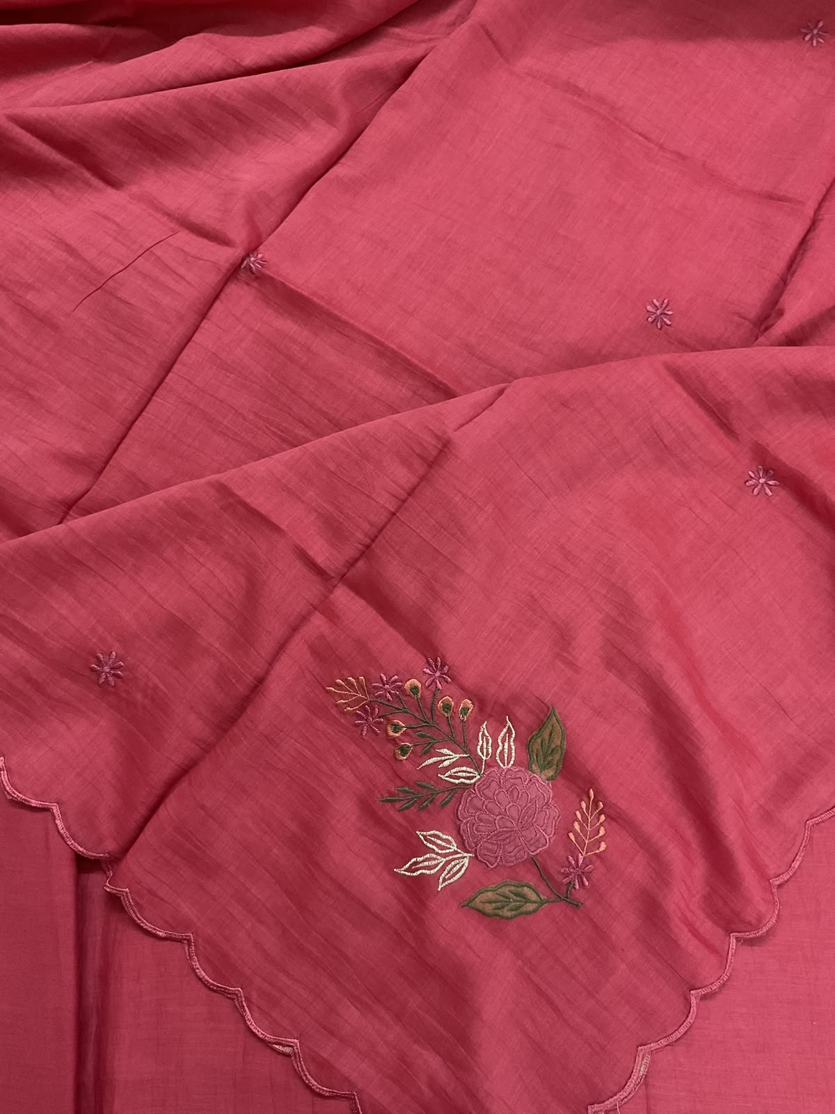 Pure Mul Chanderi Embroidered Suit - Dark Pink