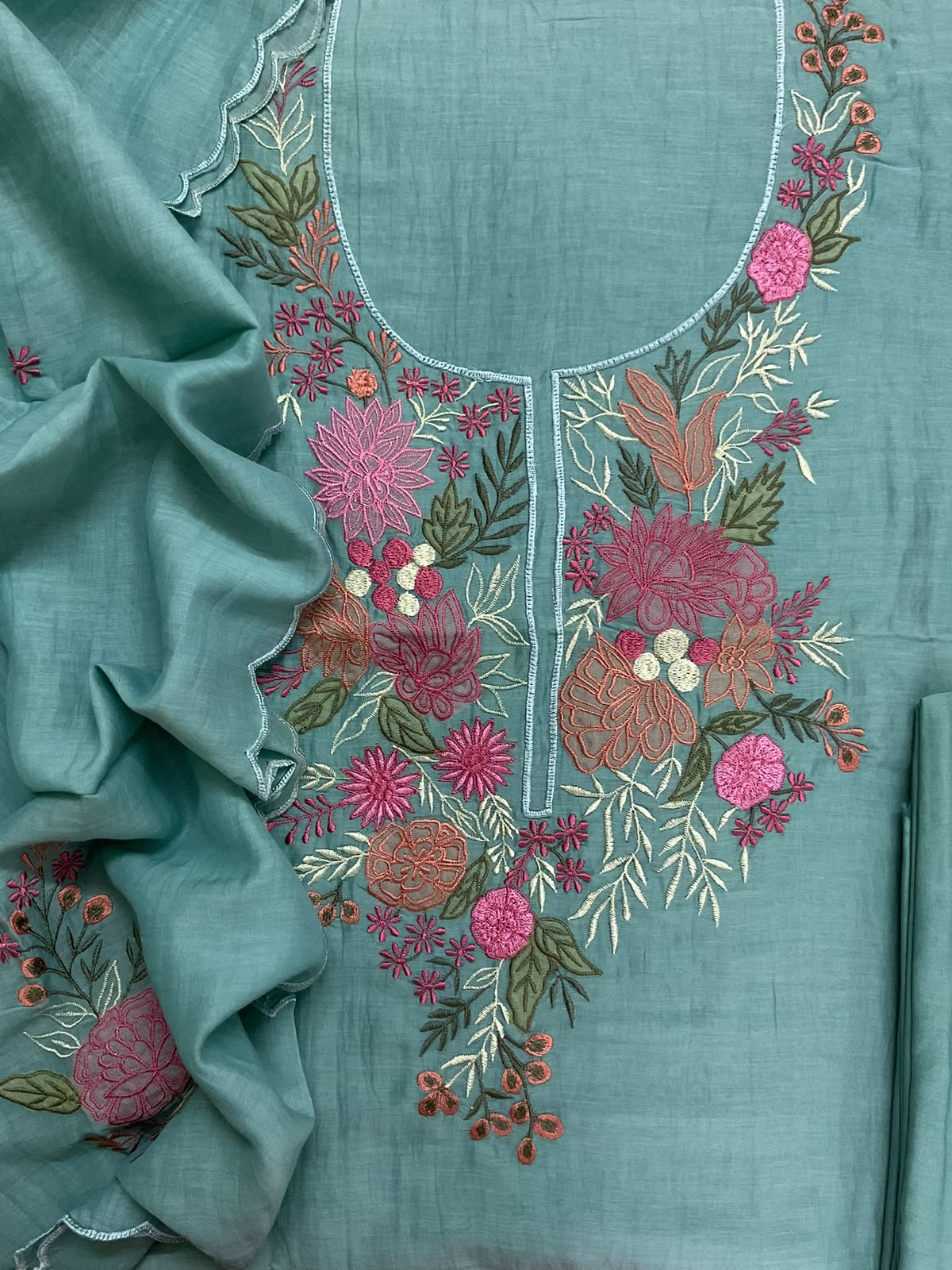Pure Mul Chanderi Embroidered Suit - Blue