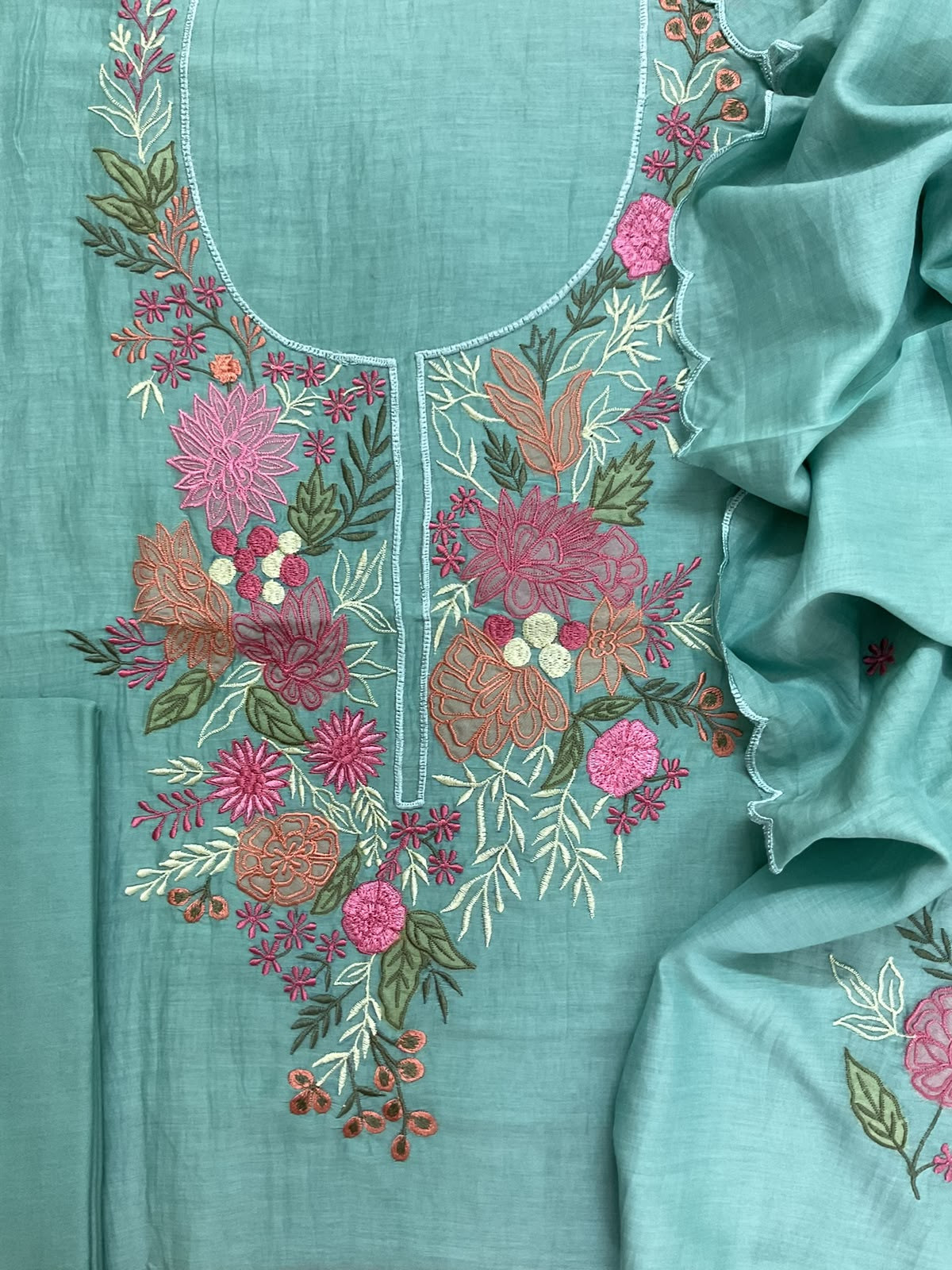 Pure Mul Chanderi Embroidered Suit - Blue