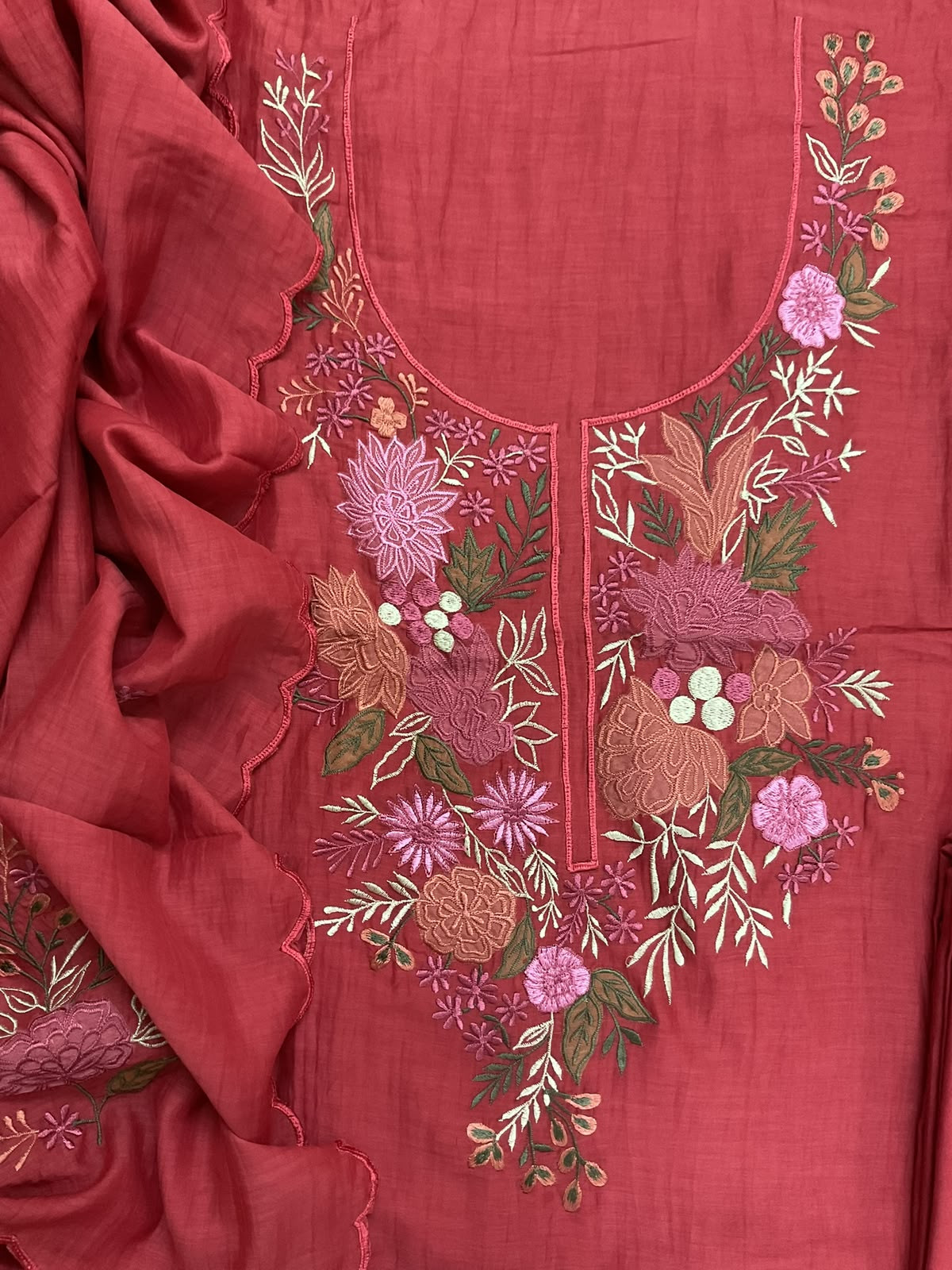 Pure Mul Chanderi Embroidered Suit - Dark Peach