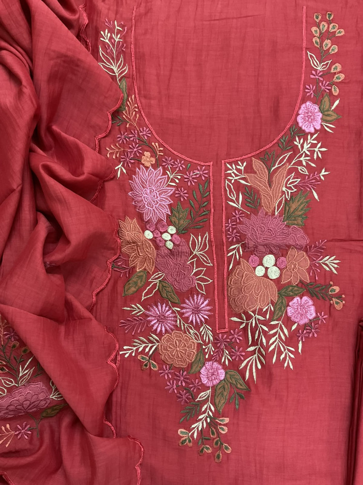 Image of Pure Mul Chanderi Embroidered Suit - Dark Peach