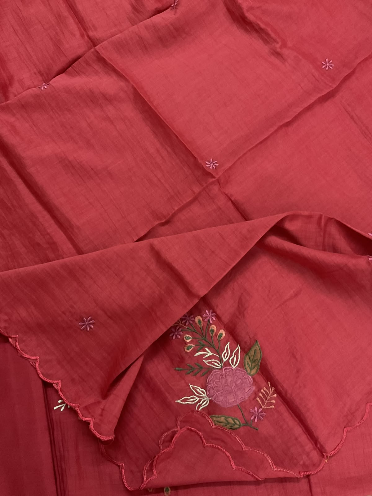 Pure Mul Chanderi Embroidered Suit - Dark Peach