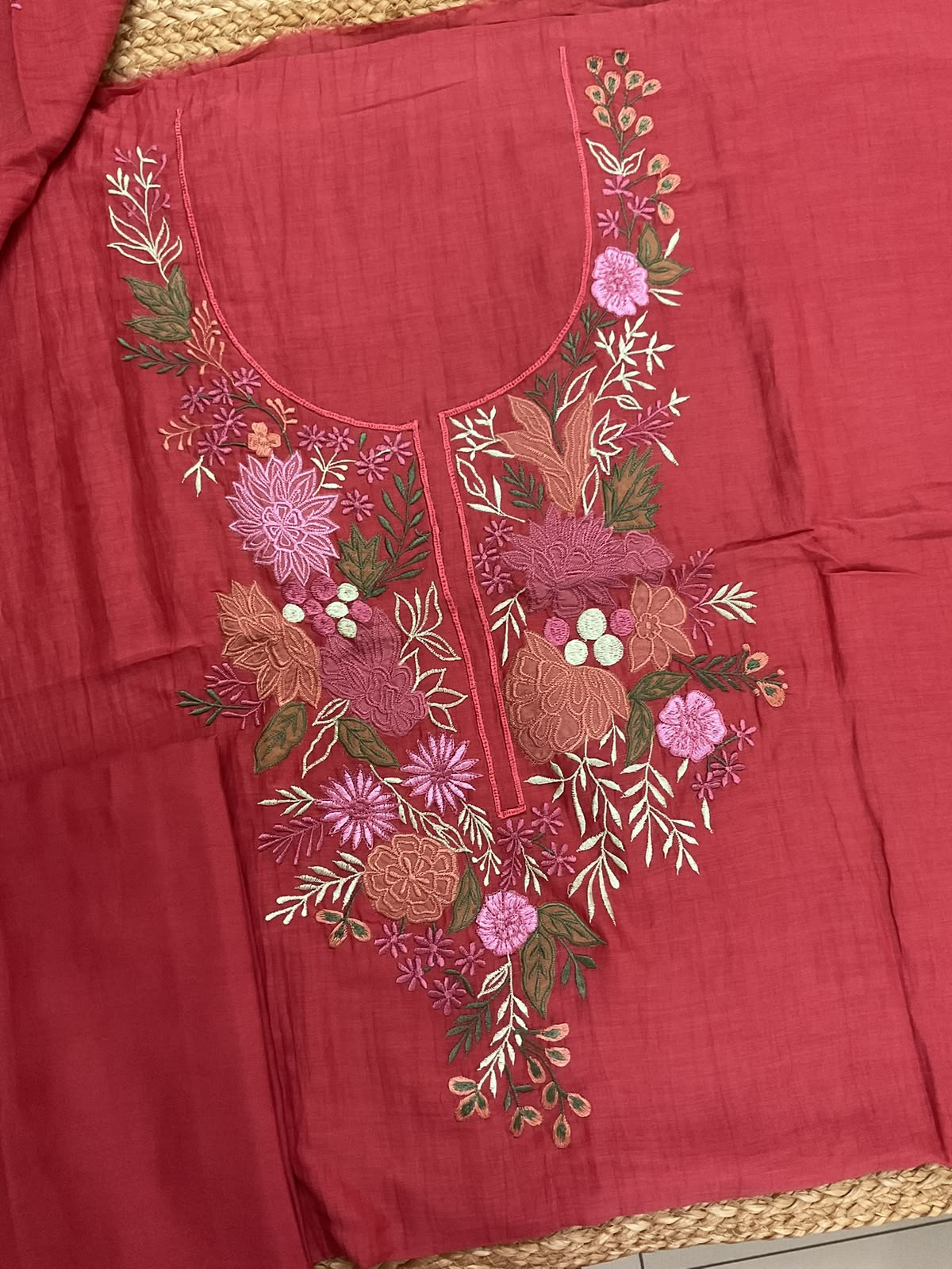 Pure Mul Chanderi Embroidered Suit - Dark Peach
