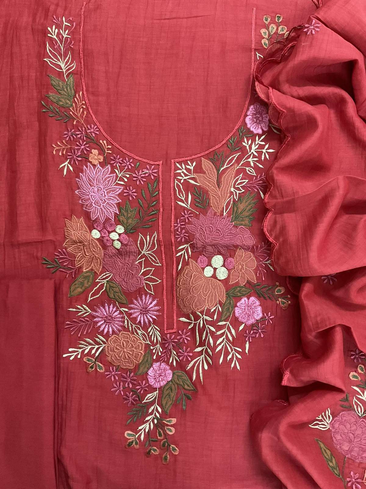Pure Mul Chanderi Embroidered Suit - Dark Peach