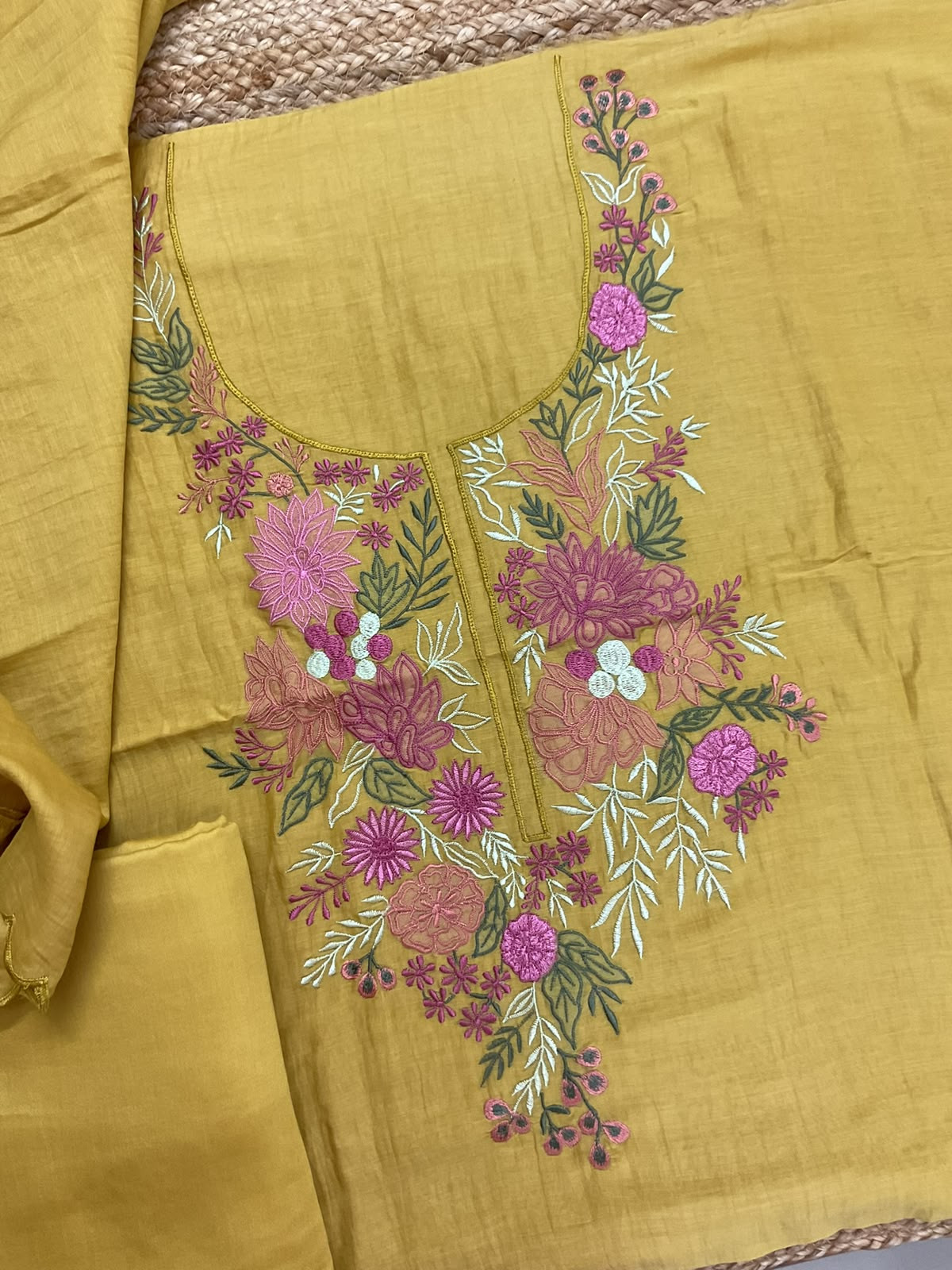 Pure Mul Chanderi Embroidered Suit - Yellow