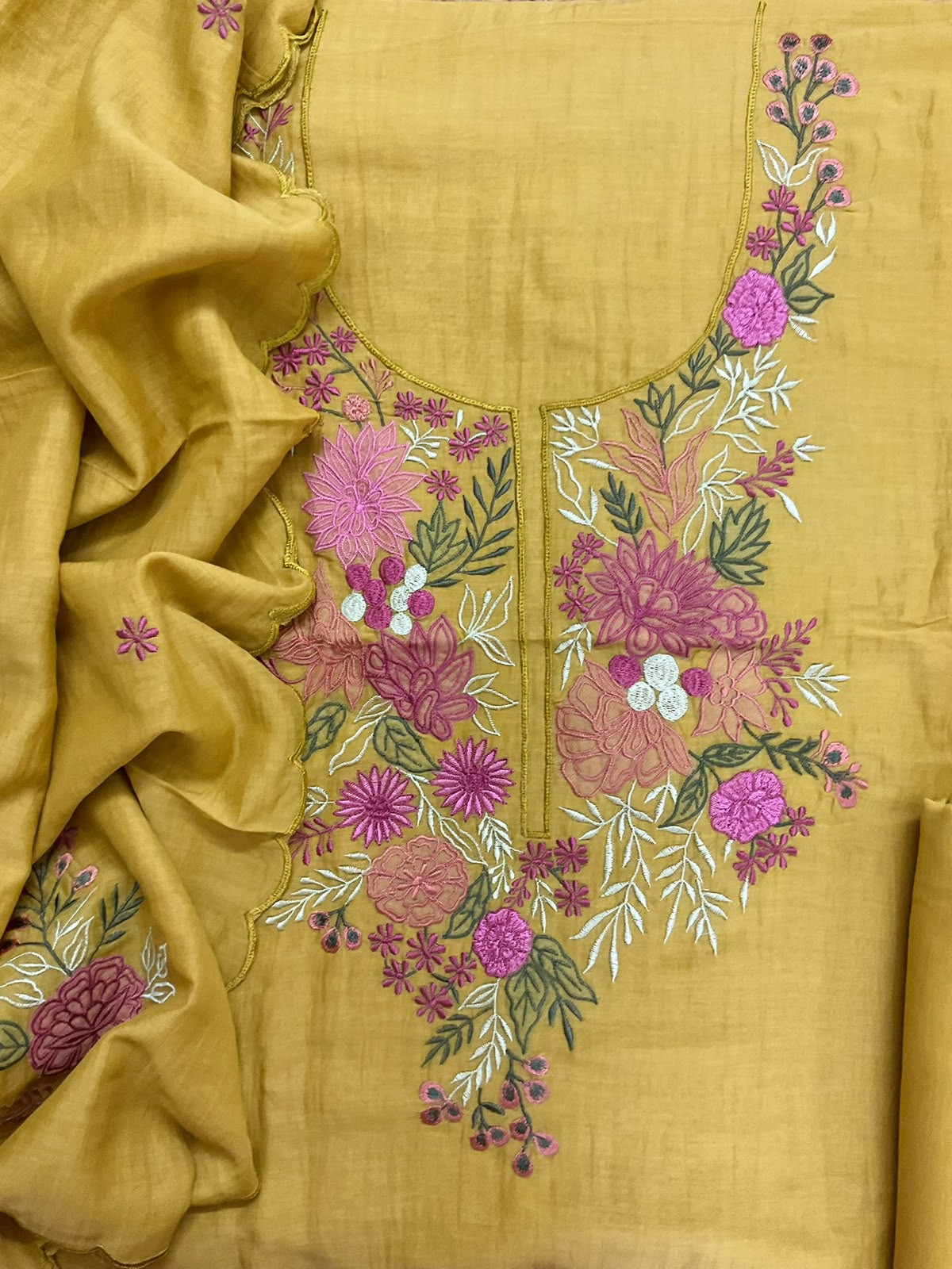 Pure Mul Chanderi Embroidered Suit - Yellow