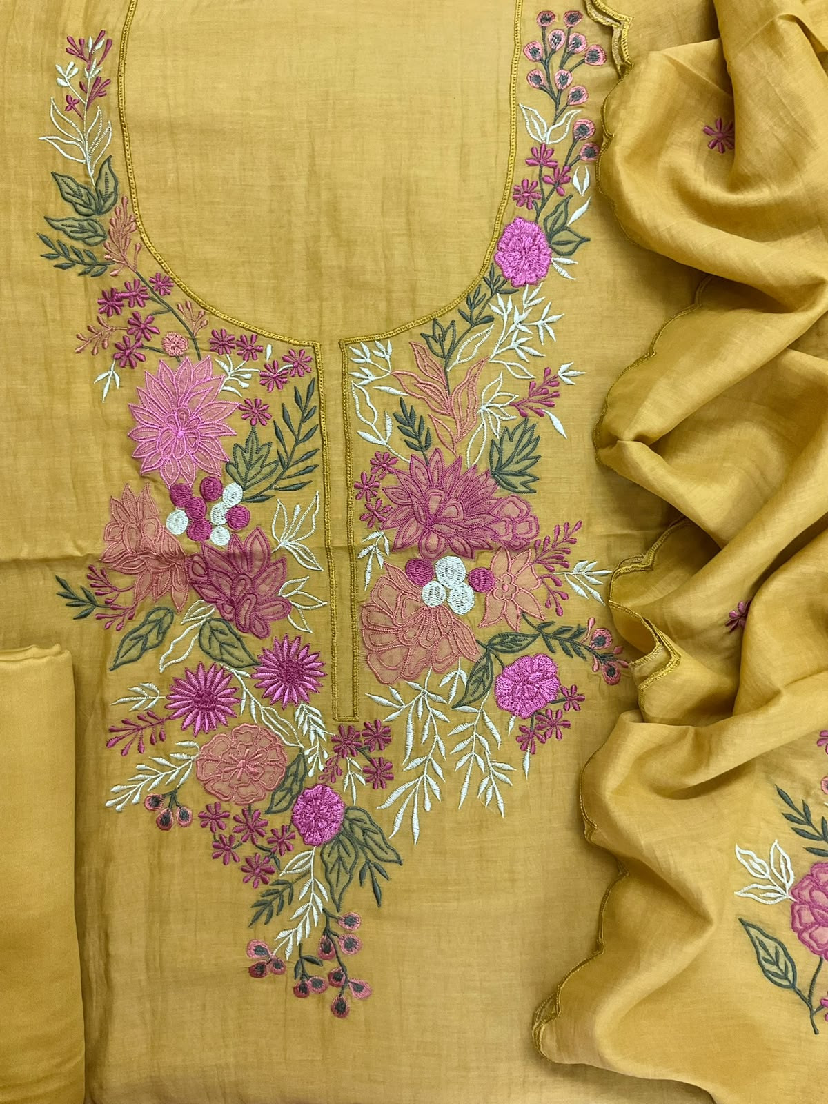 Pure Mul Chanderi Embroidered Suit - Yellow