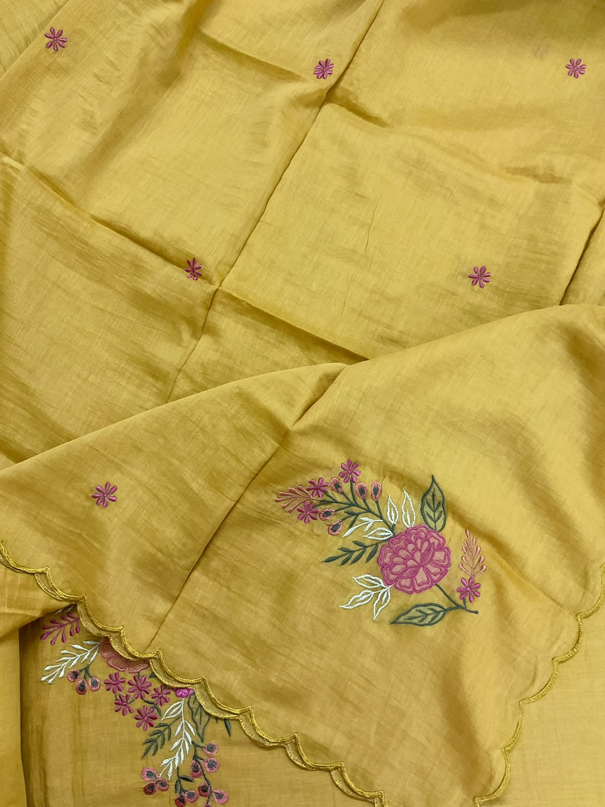 Pure Mul Chanderi Embroidered Suit - Yellow
