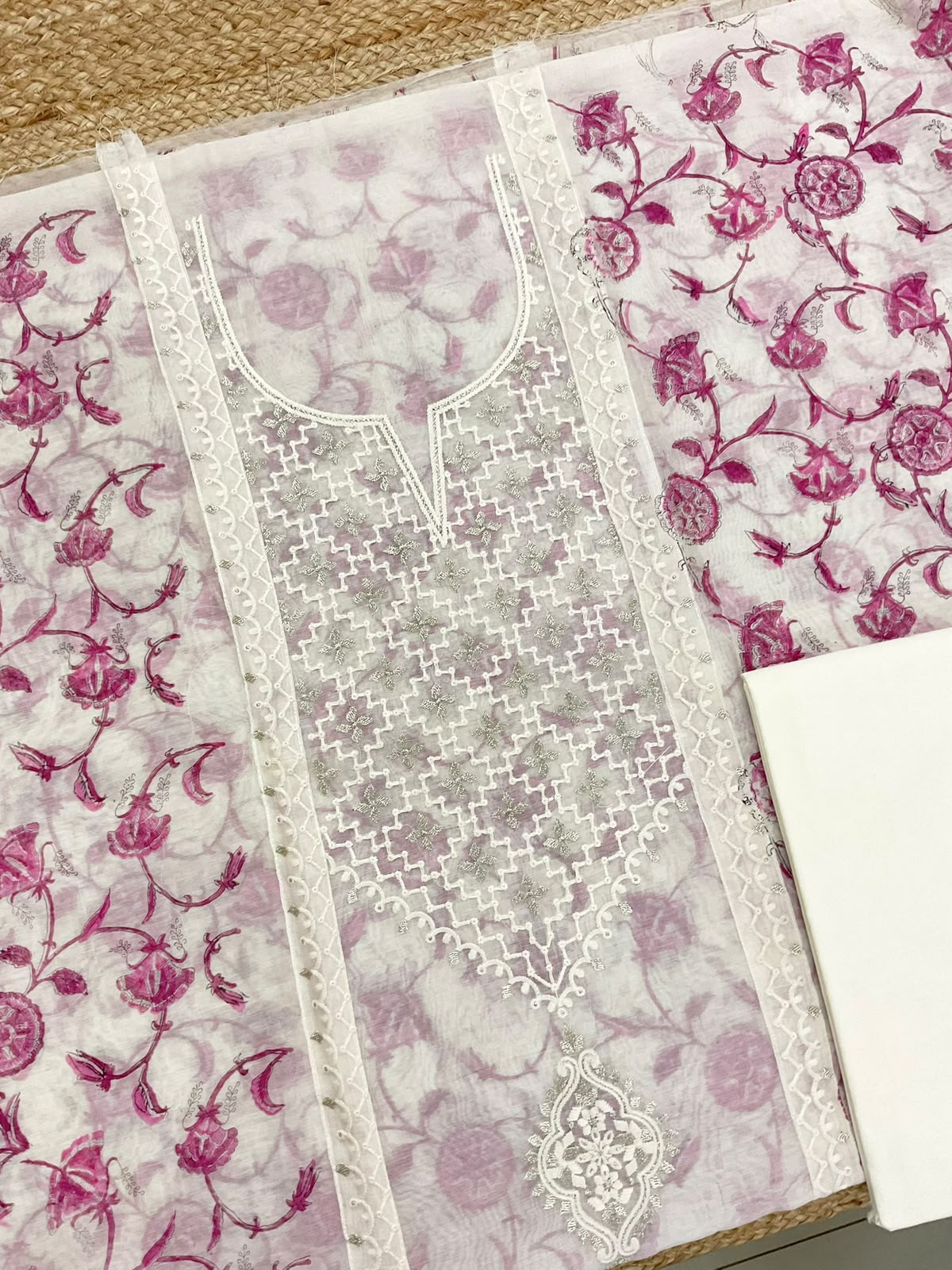 Pure Chanderi Printed Embroidered Suit - Off White