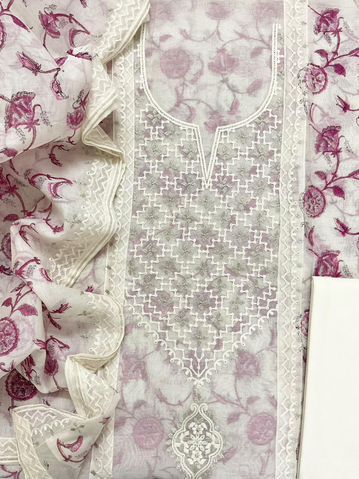 Pure Chanderi Printed Embroidered Suit - Off White