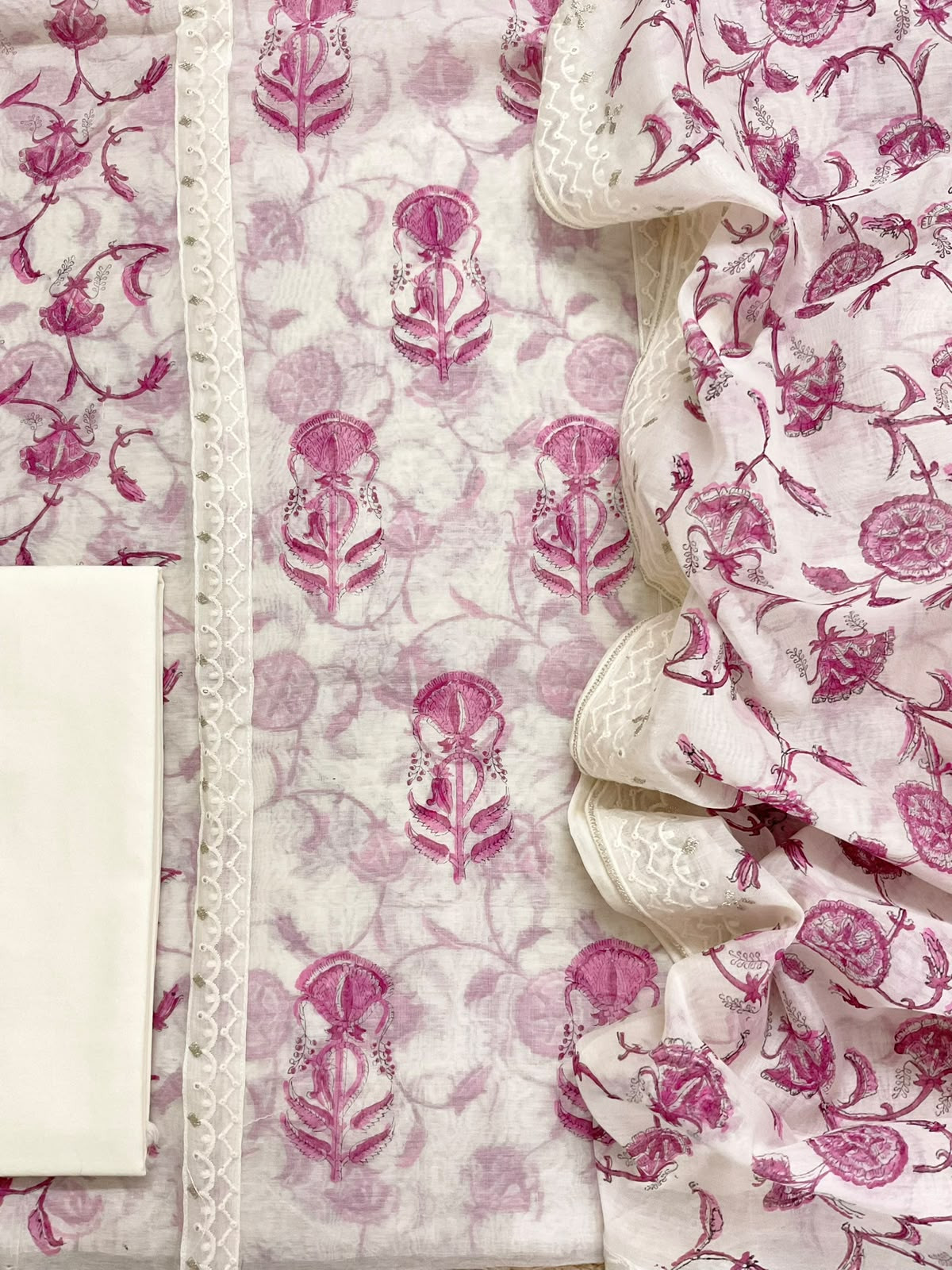 Pure Chanderi Printed Embroidered Suit - Off White
