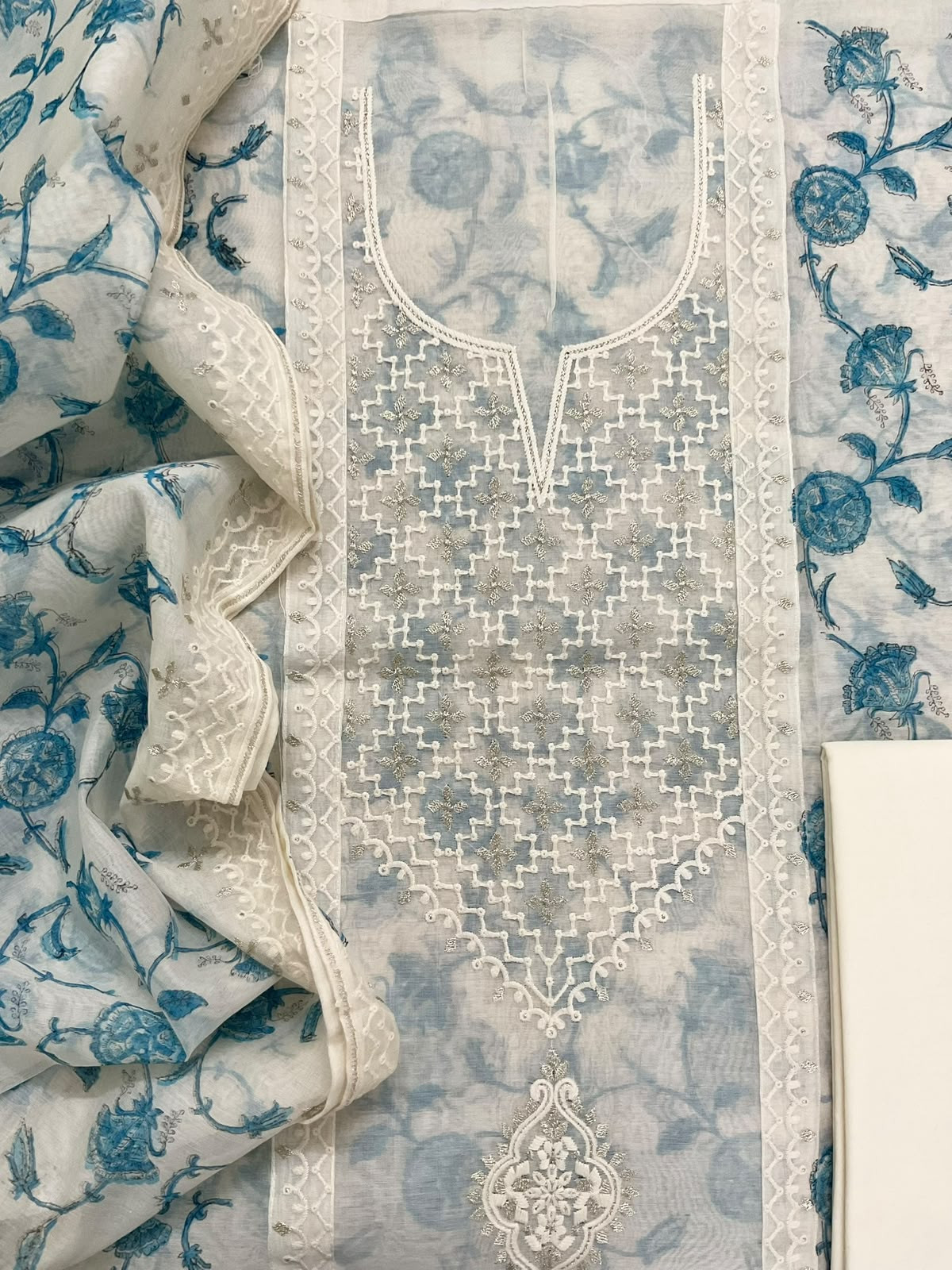 Pure Chanderi Printed Embroidered Suit - Off White