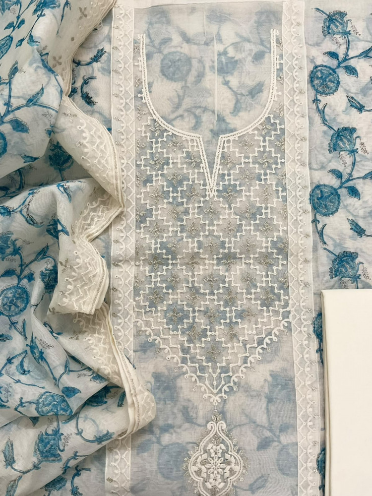 Image of Pure Chanderi Printed Embroidered Suit - Off White