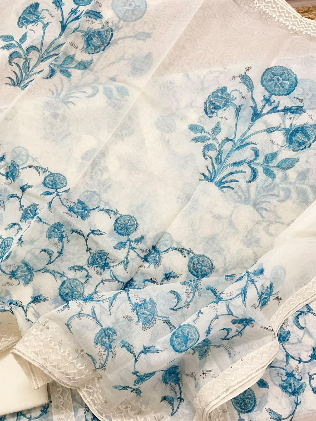 Pure Chanderi Printed Embroidered Suit - Off White