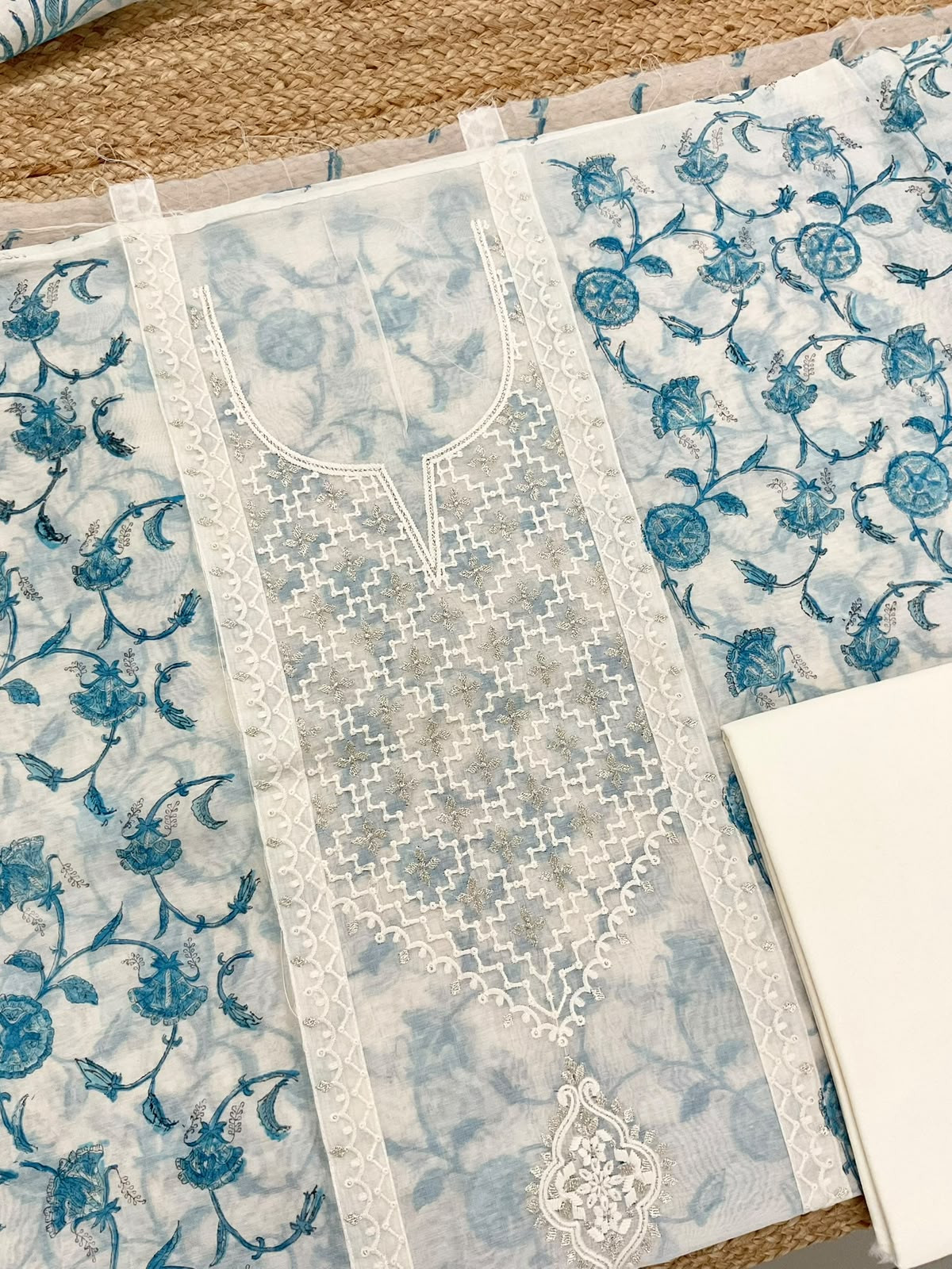 Pure Chanderi Printed Embroidered Suit - Off White
