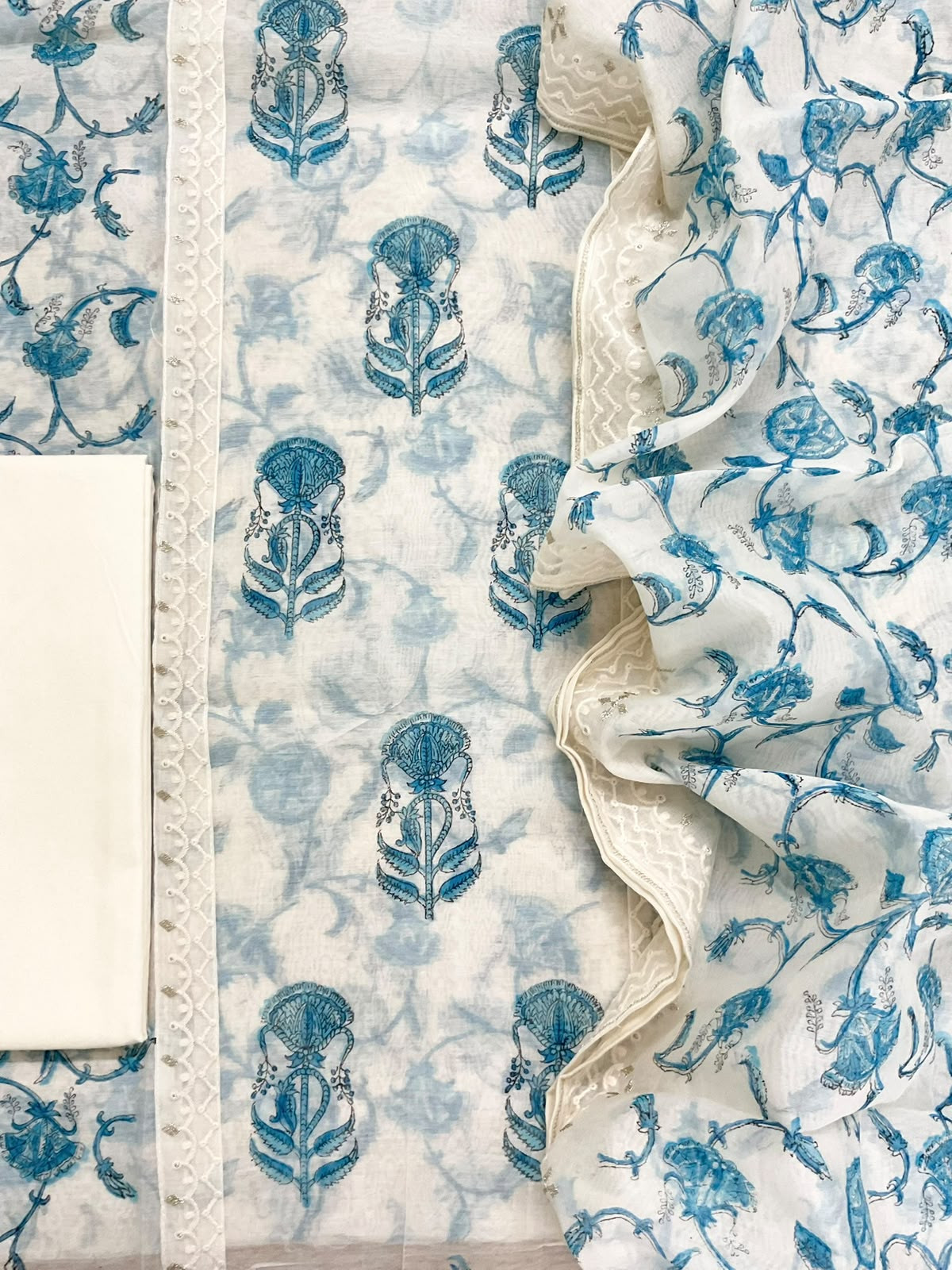 Pure Chanderi Printed Embroidered Suit - Off White