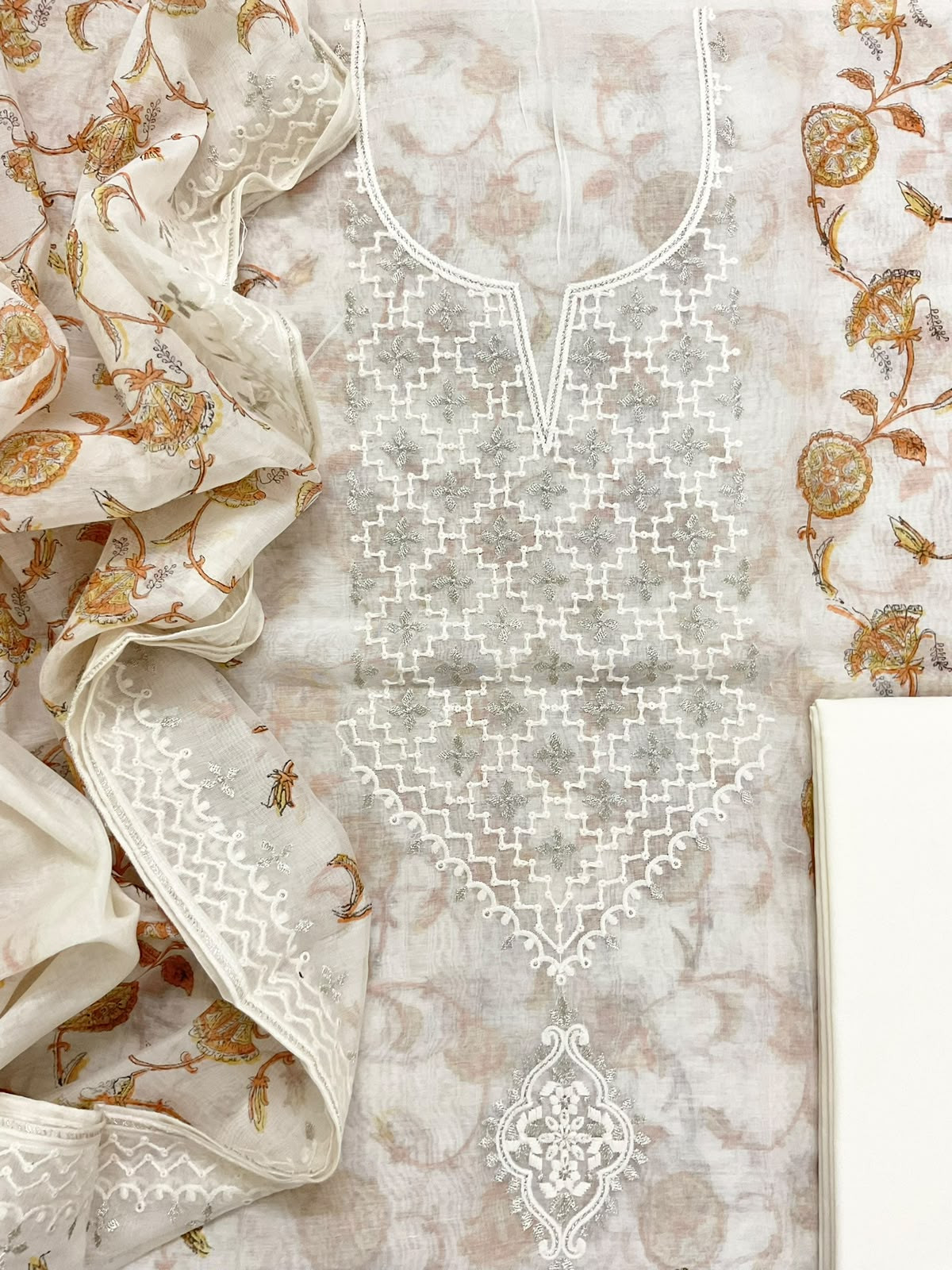 Pure Chanderi Printed Embroidered Suit - Off White
