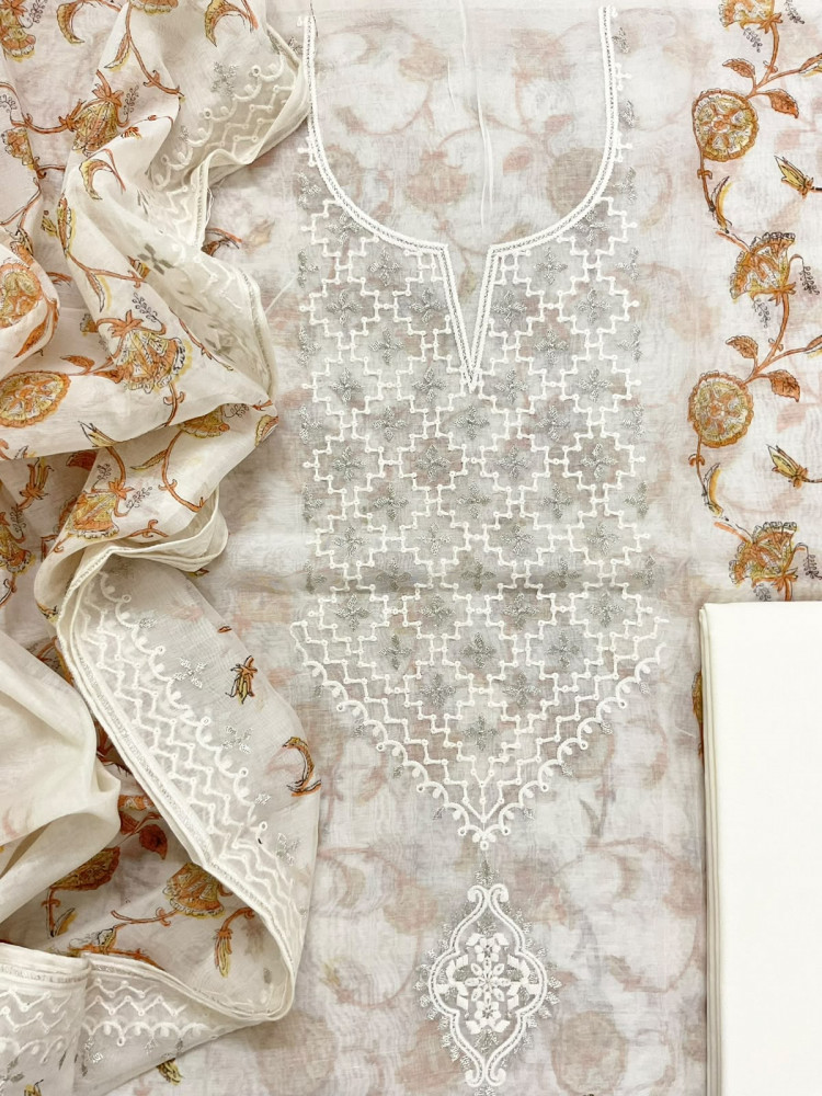 Image of Pure Chanderi Printed Embroidered Suit - Off White