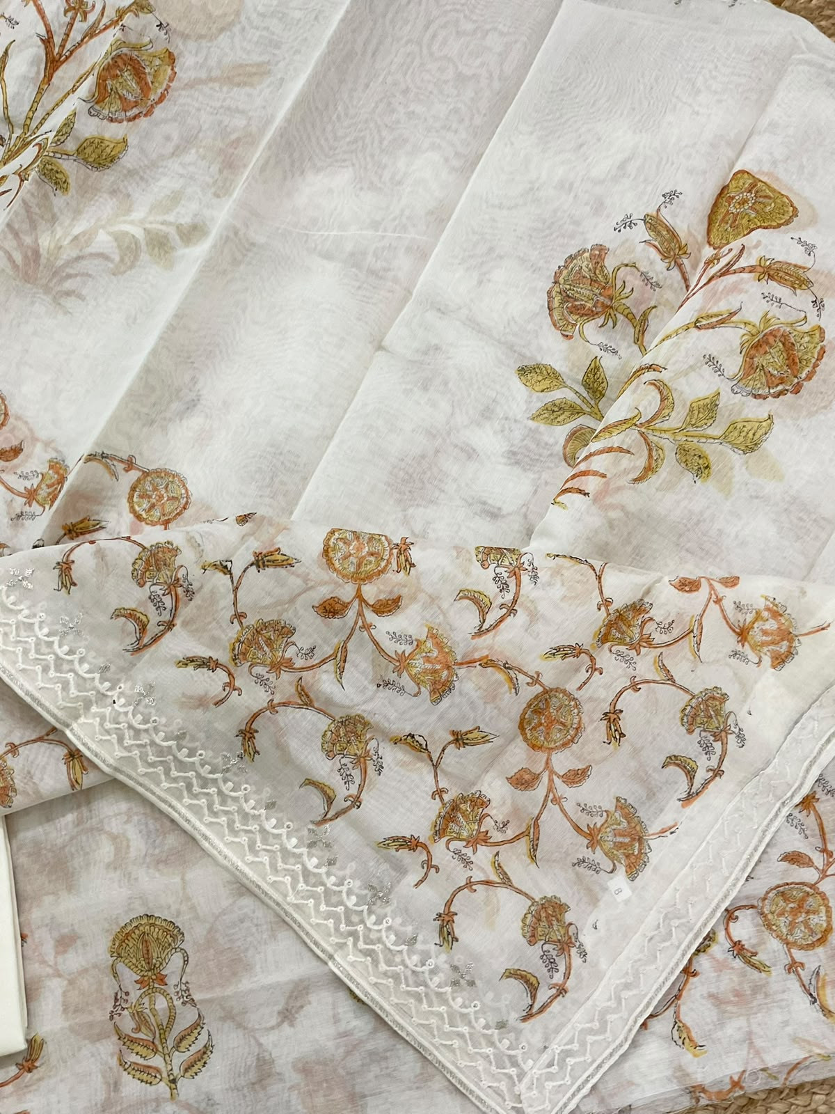 Pure Chanderi Printed Embroidered Suit - Off White