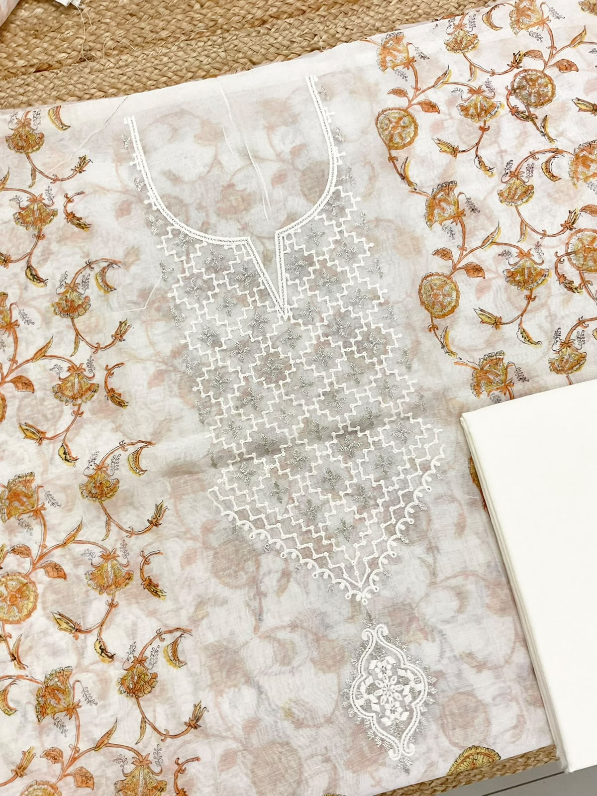 Pure Chanderi Printed Embroidered Suit - Off White